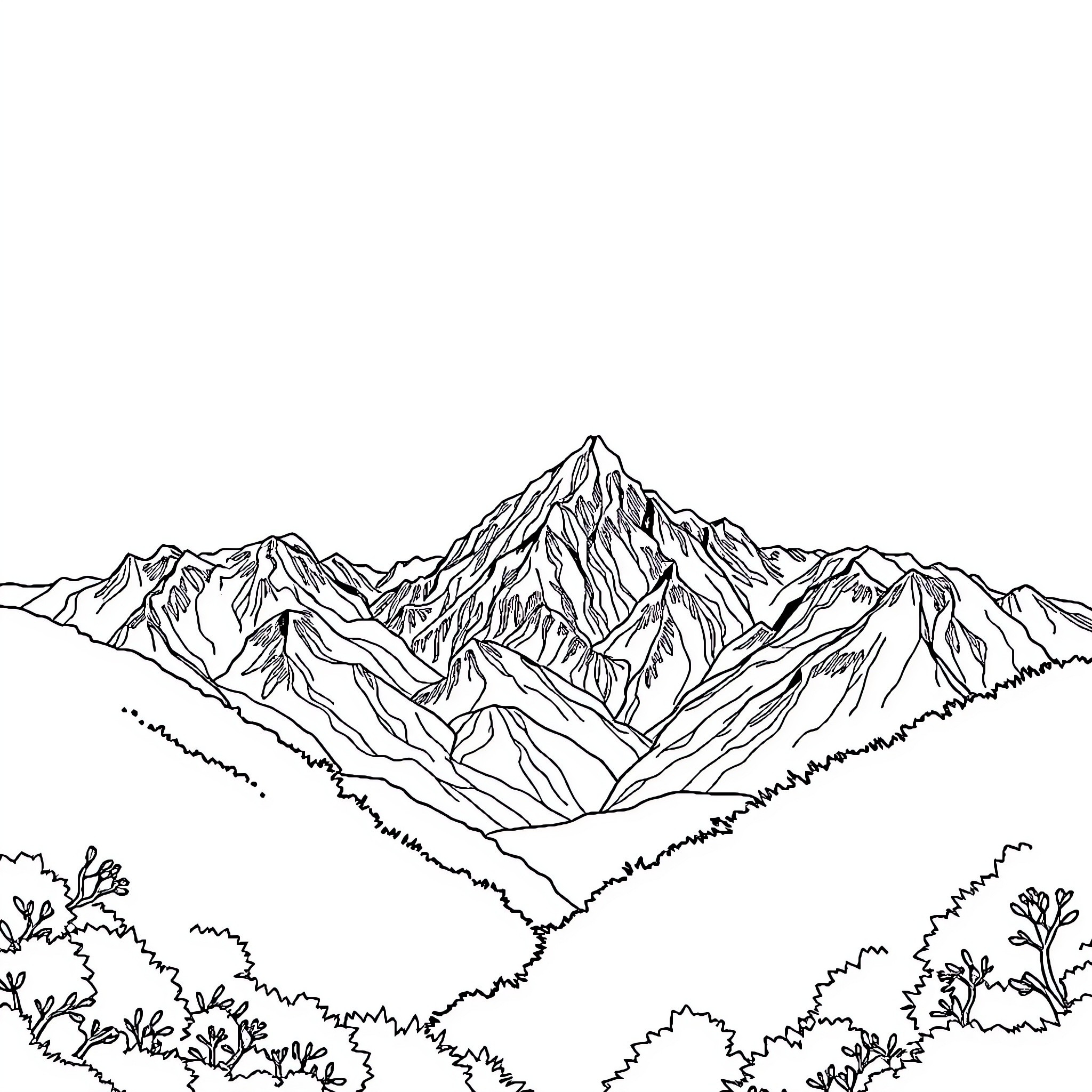 Scenery with majestic mountain range and lush vegetation Coloring Page (free black-and-white line drawing printable PDF for all, from beginners to advanced learners, including children, teens, adults, and seniors)
