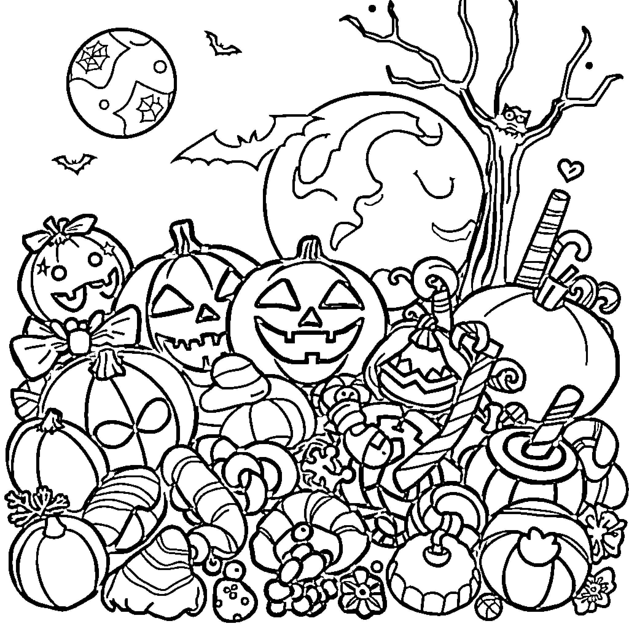 Halloween Scene with Pumpkins and Spooky Elements Coloring Page (free black-and-white line drawing printable PDF for all, from beginners to advanced learners, including children, teens, adults, and seniors)