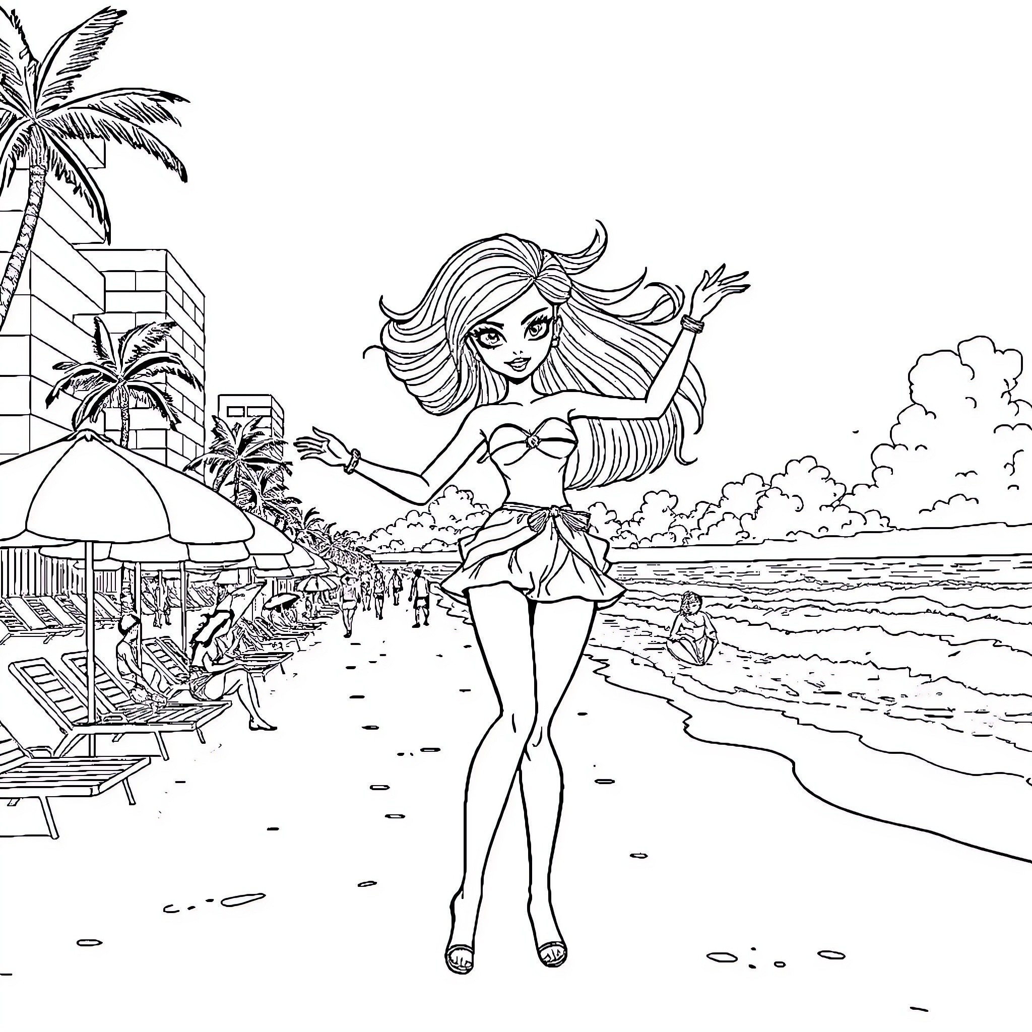 Barbie enjoying a sunny day at the beach Coloring Page (free black-and-white line drawing printable PDF for all, from beginners to advanced learners, including children, teens, adults, and seniors)