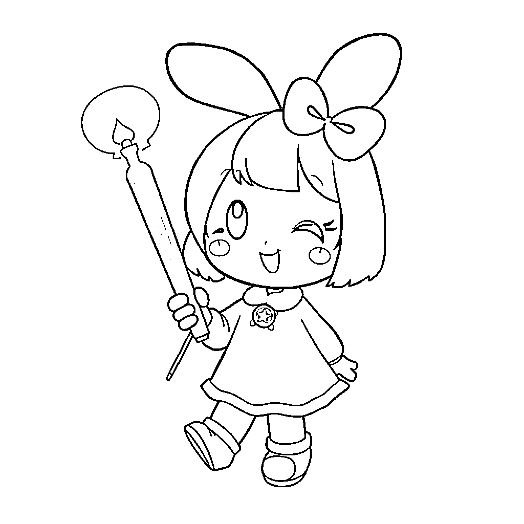 Mymelody happily holding magic wand Coloring Page (free black-and-white line drawing printable PDF for all, from beginners to advanced learners, including children, teens, adults, and seniors)