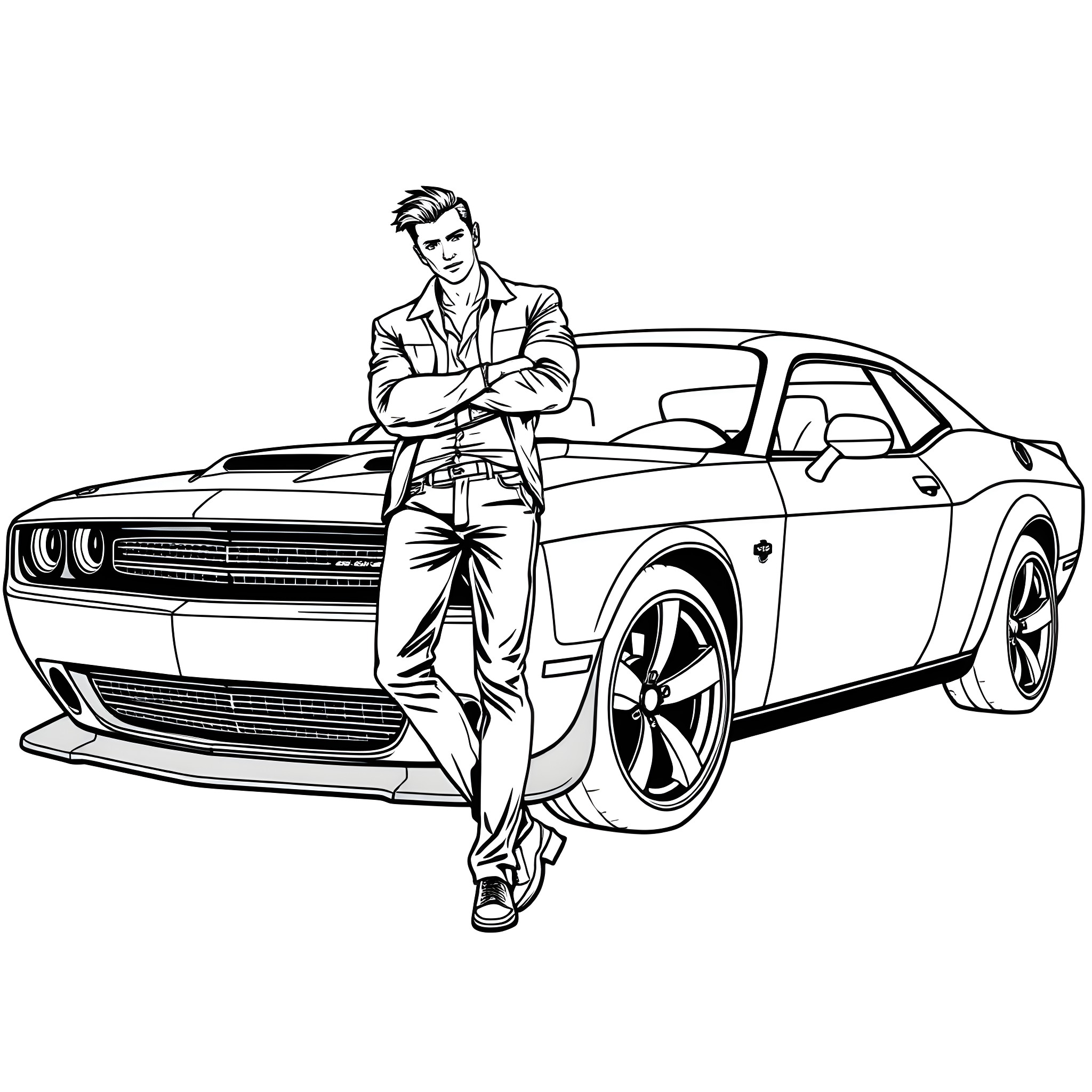 Person standing confidently next to a sports car Coloring Page (free black-and-white line drawing printable PDF for all, from beginners to advanced learners, including children, teens, adults, and seniors)