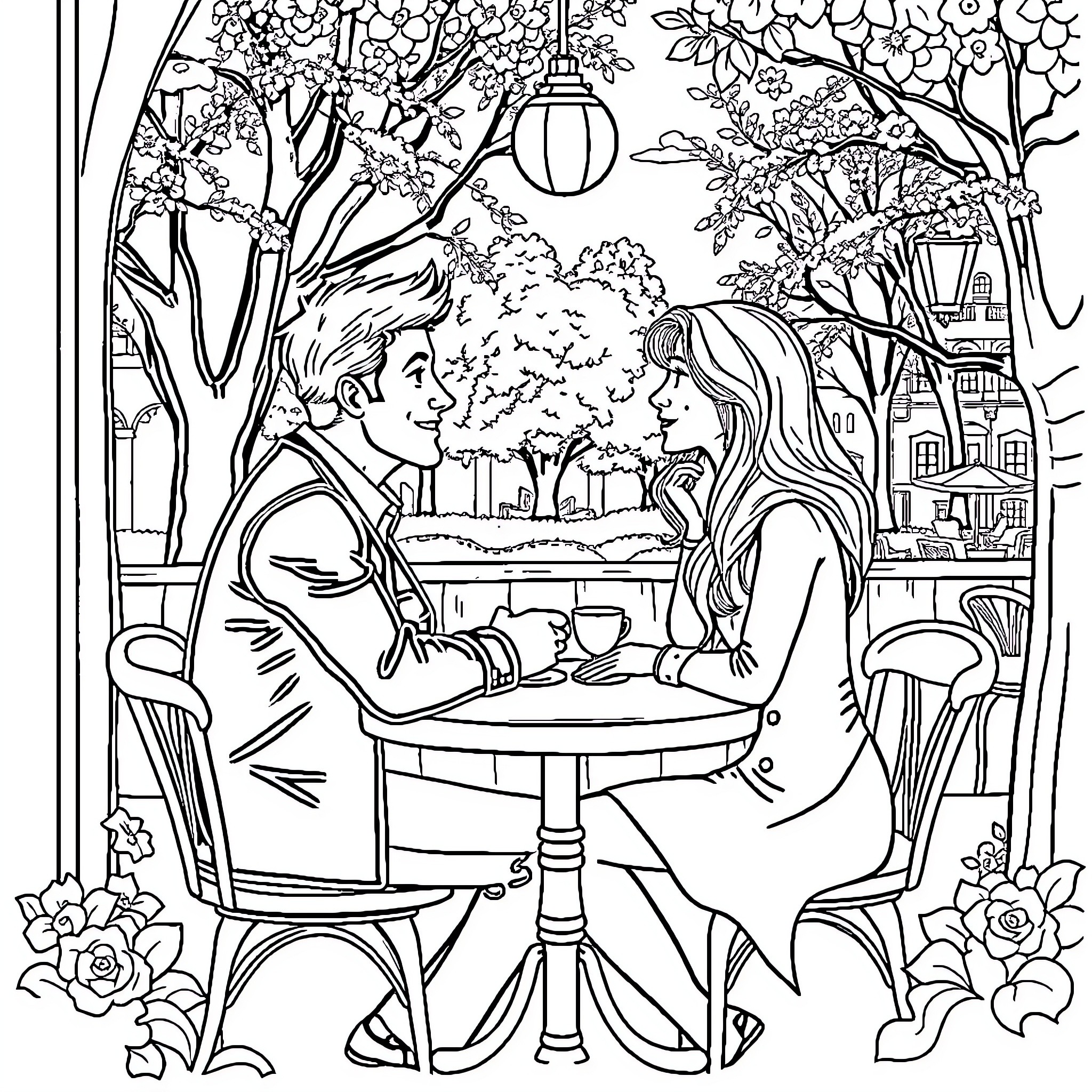 Couple enjoying an intimate evening in a garden setting Coloring Page (free black-and-white line drawing printable PDF for all, from beginners to advanced learners, including children, teens, adults, and seniors)