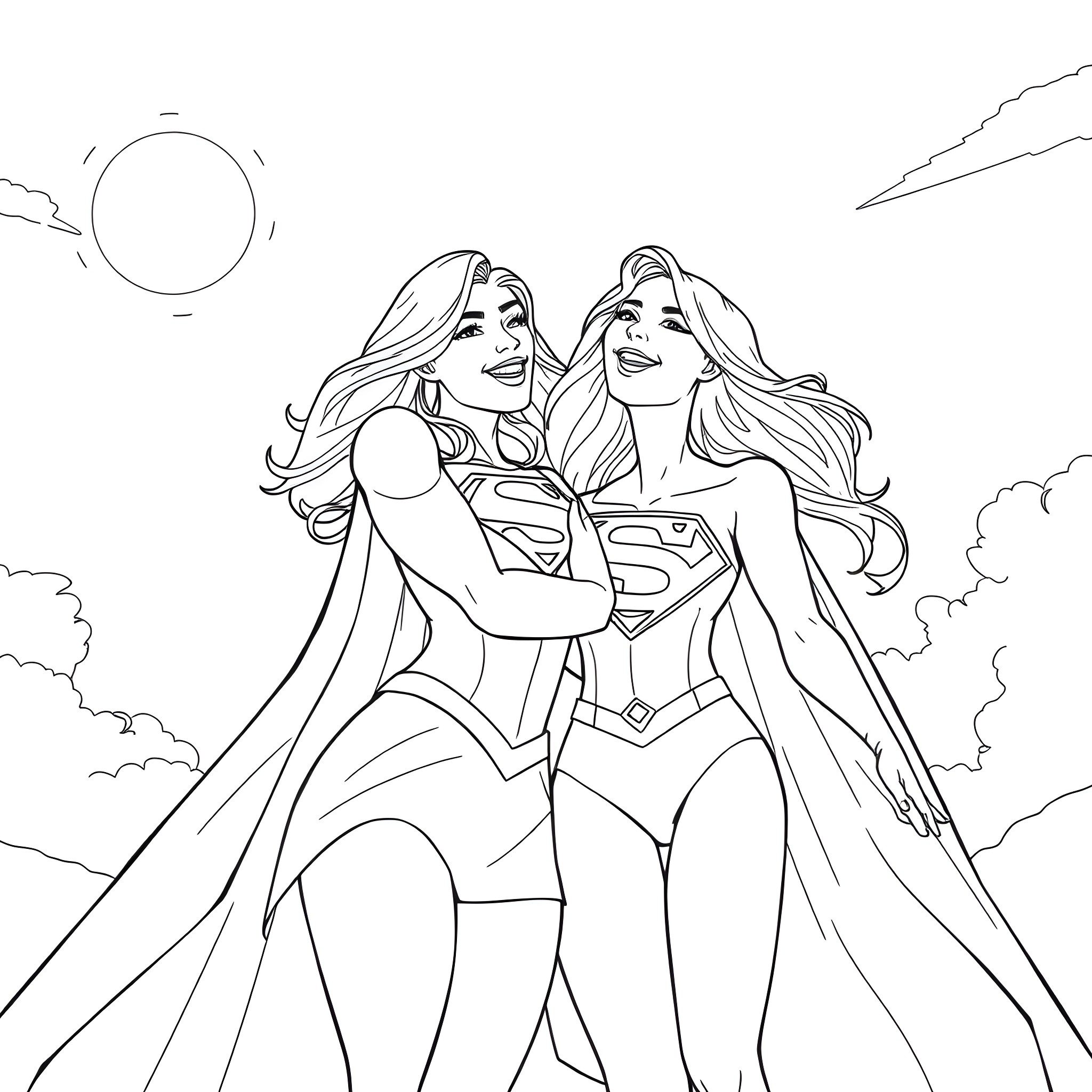Supergirl and Superwoman in heroic poses Coloring Page (free black-and-white line drawing printable PDF for all, from beginners to advanced learners, including children, teens, adults, and seniors)