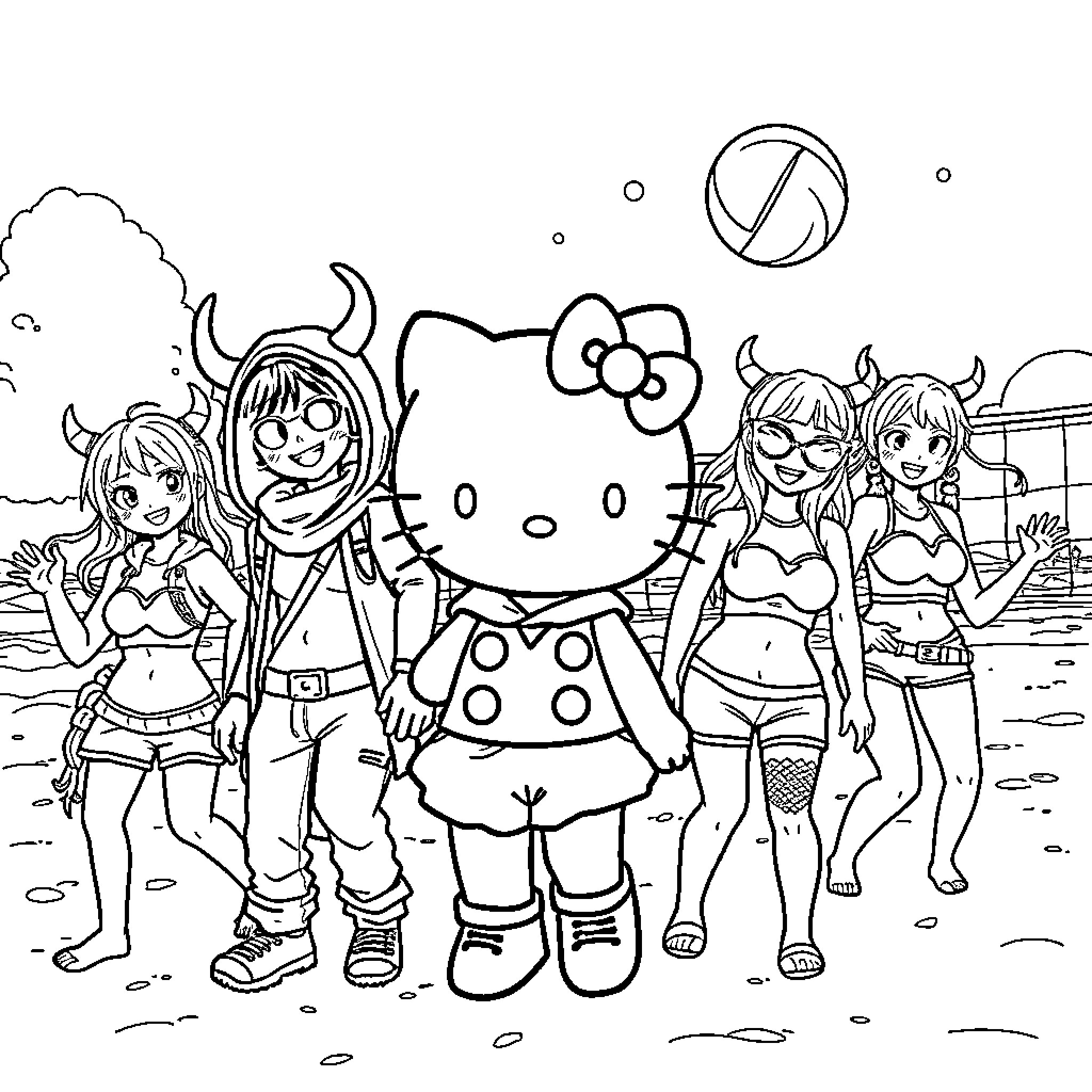 Hello Kitty and Friends on a Beach Adventure Coloring Page (free black-and-white line drawing printable PDF for all, from beginners to advanced learners, including children, teens, adults, and seniors)