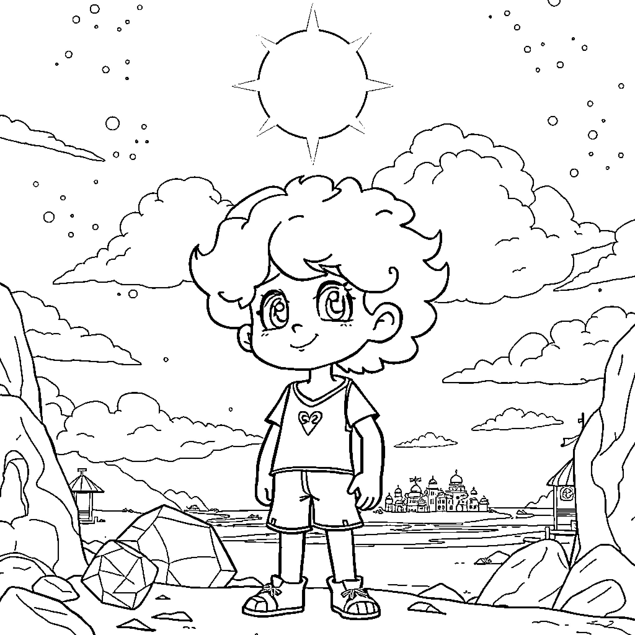 Steven Universe in a Dreamy Landscape Coloring Page (free black-and-white line drawing printable PDF for all, from beginners to advanced learners, including children, teens, adults, and seniors)