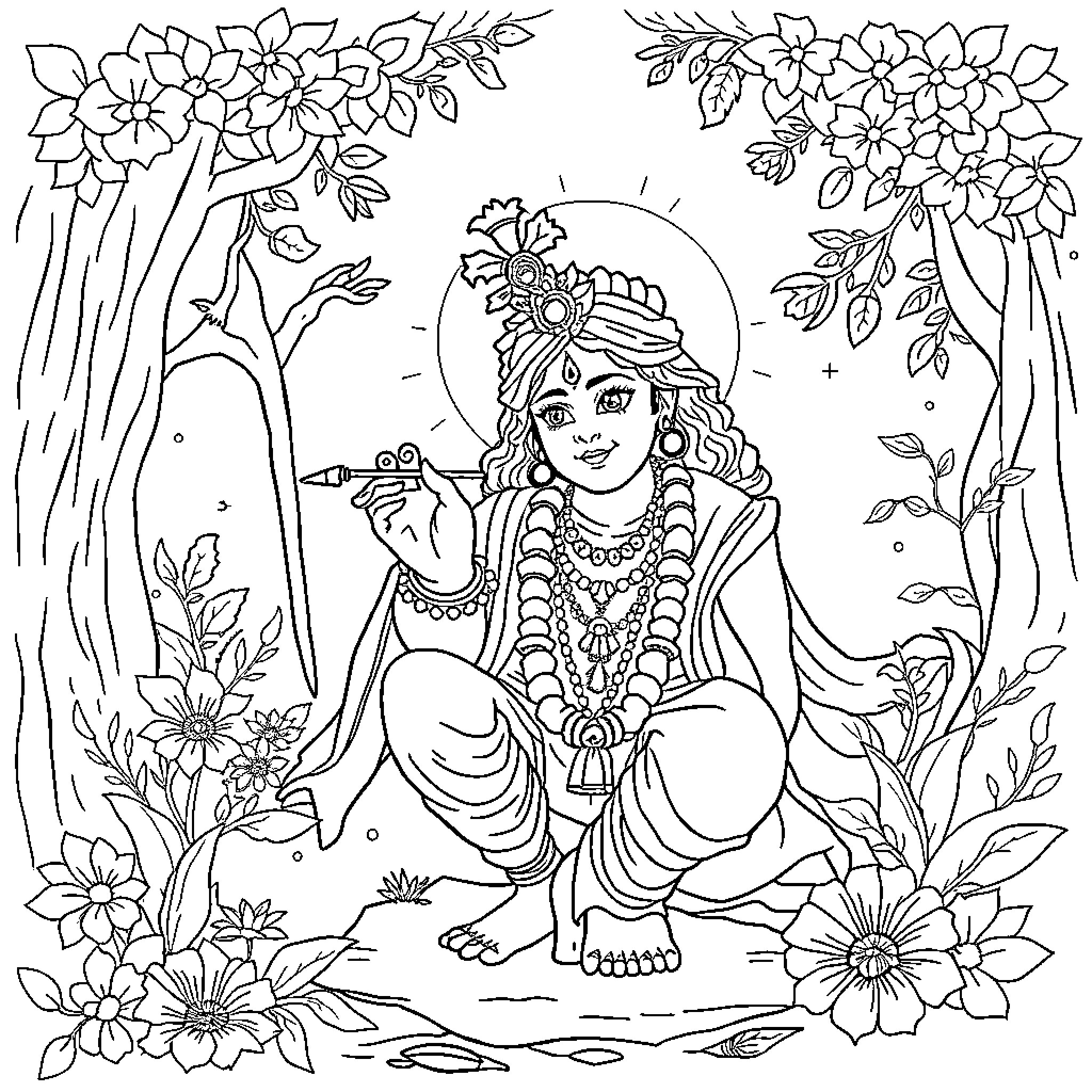 Krishna in a serene floral setting Coloring Page (free black-and-white line drawing printable PDF for all, from beginners to advanced learners, including children, teens, adults, and seniors)