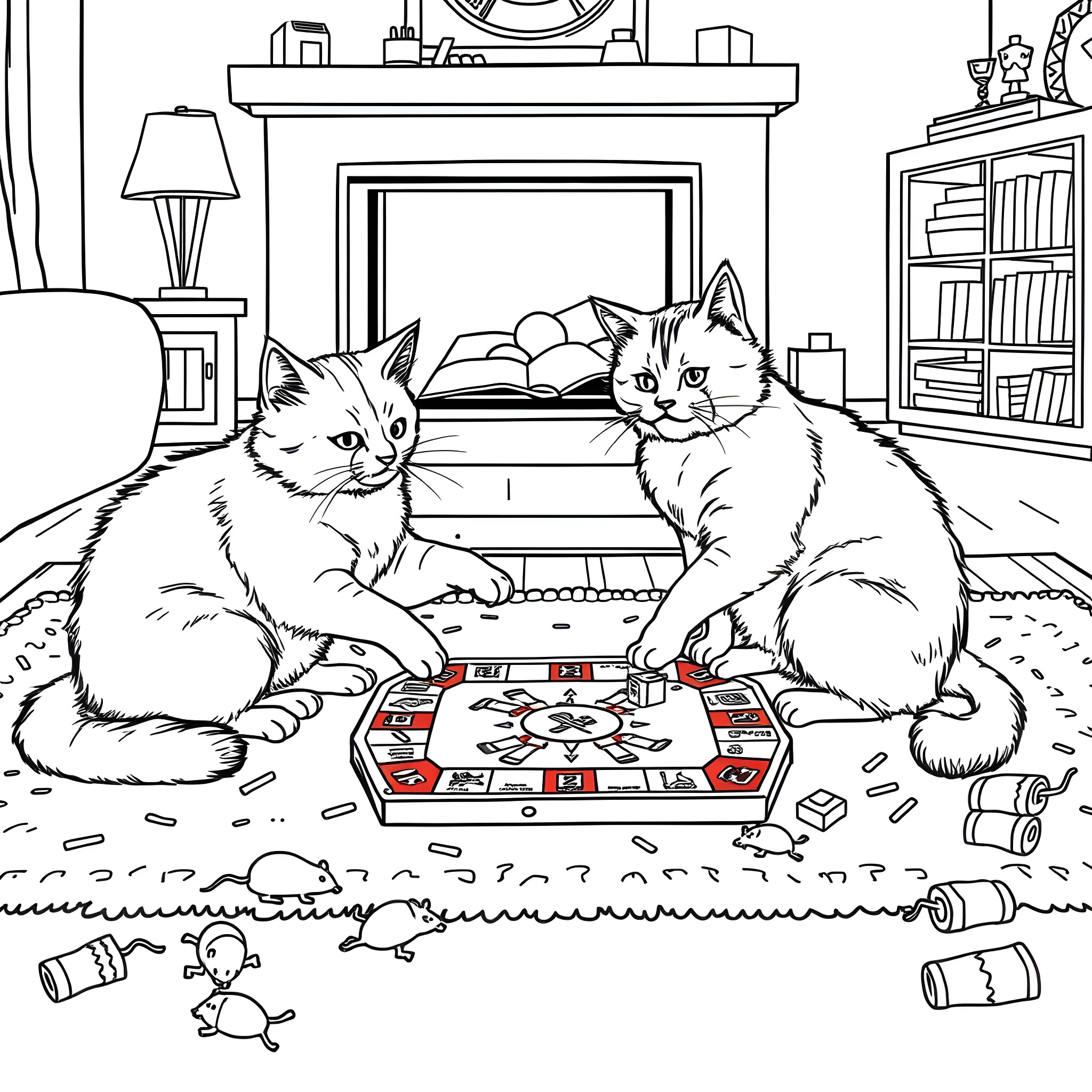Cats playing on the game board in the cozy living room Coloring Page (free black-and-white line drawing printable PDF for all, from beginners to advanced learners, including children, teens, adults, and seniors)