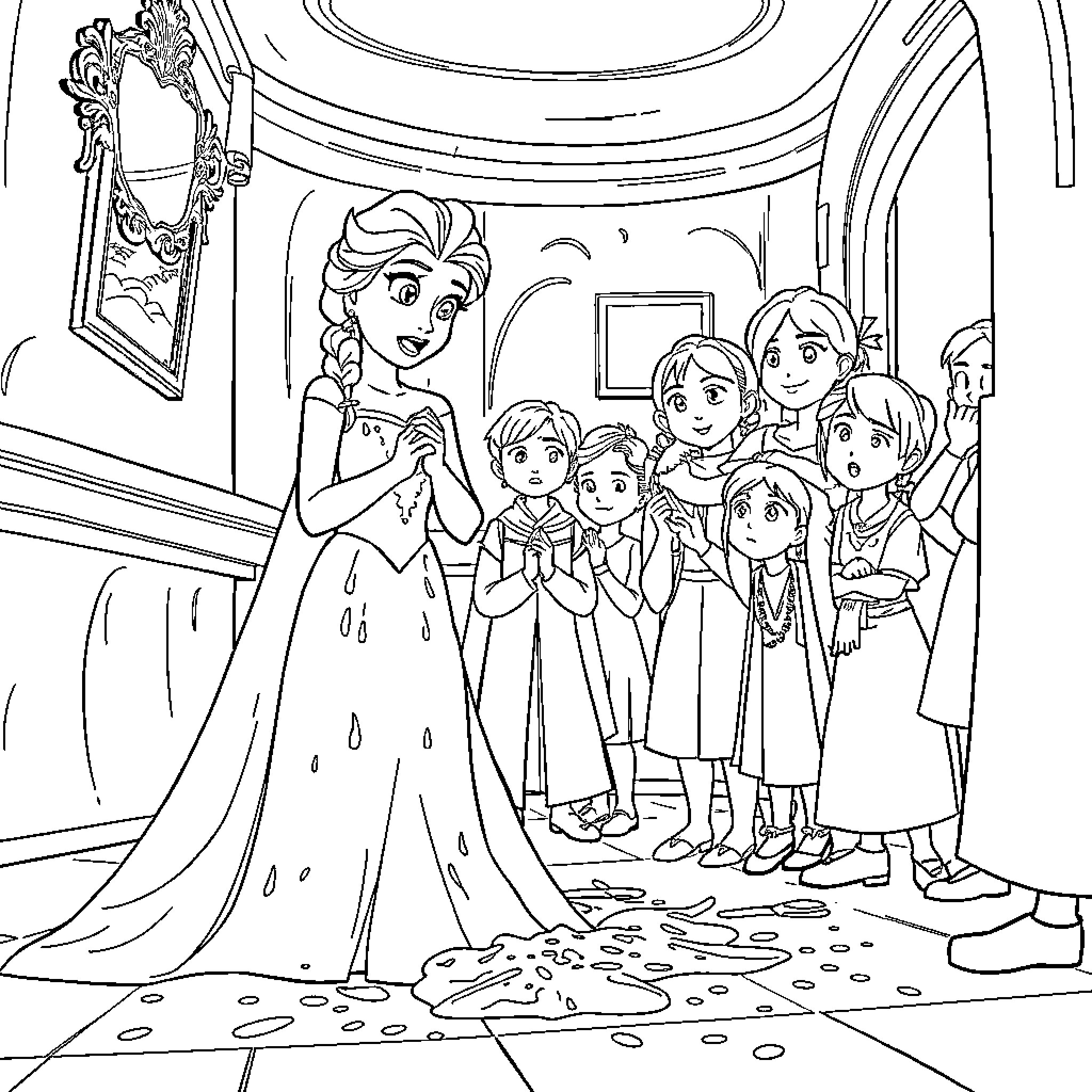 Elsa greets her adoring young friends in the palace Coloring Page (free black-and-white line drawing printable PDF for all, from beginners to advanced learners, including children, teens, adults, and seniors)