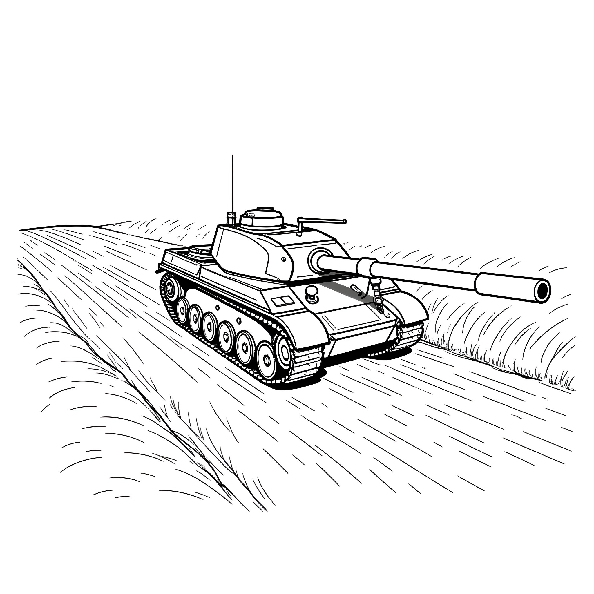 Tank Traversing Through the Battlefield Coloring Page (free black-and-white line drawing printable PDF for all, from beginners to advanced learners, including children, teens, adults, and seniors)