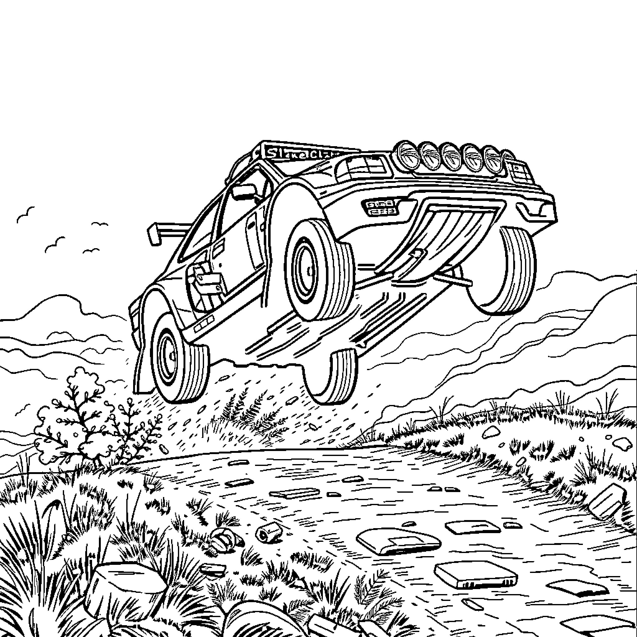 Rally Car Racing Over Rugged Terrain Coloring Page (free black-and-white line drawing printable PDF for all, from beginners to advanced learners, including children, teens, adults, and seniors)