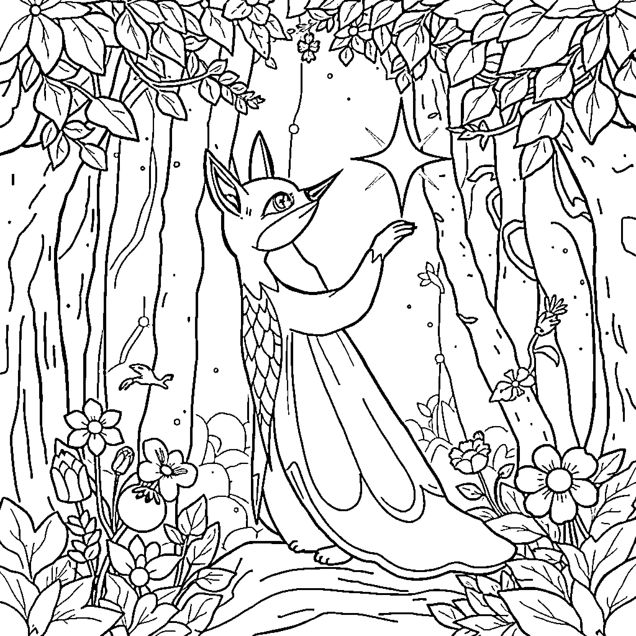 Hada's Enchanted Forest Adventure Coloring Page (free black-and-white line drawing printable PDF for all, from beginners to advanced learners, including children, teens, adults, and seniors)