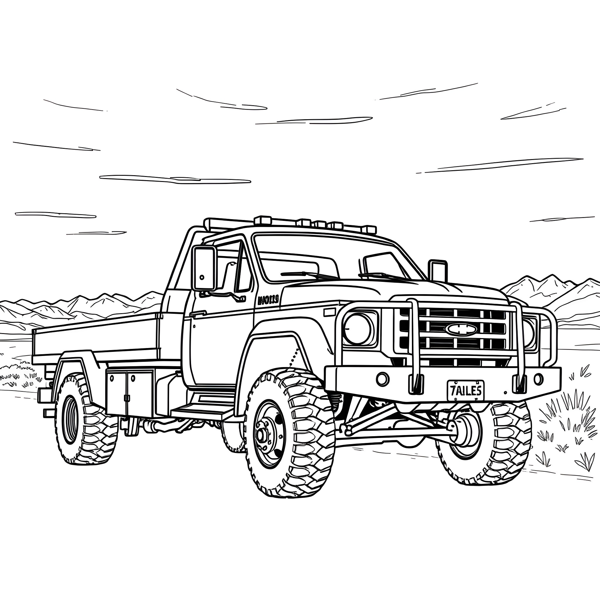 Wrecker truck in rugged terrain Coloring Page (free black-and-white line drawing printable PDF for all, from beginners to advanced learners, including children, teens, adults, and seniors)