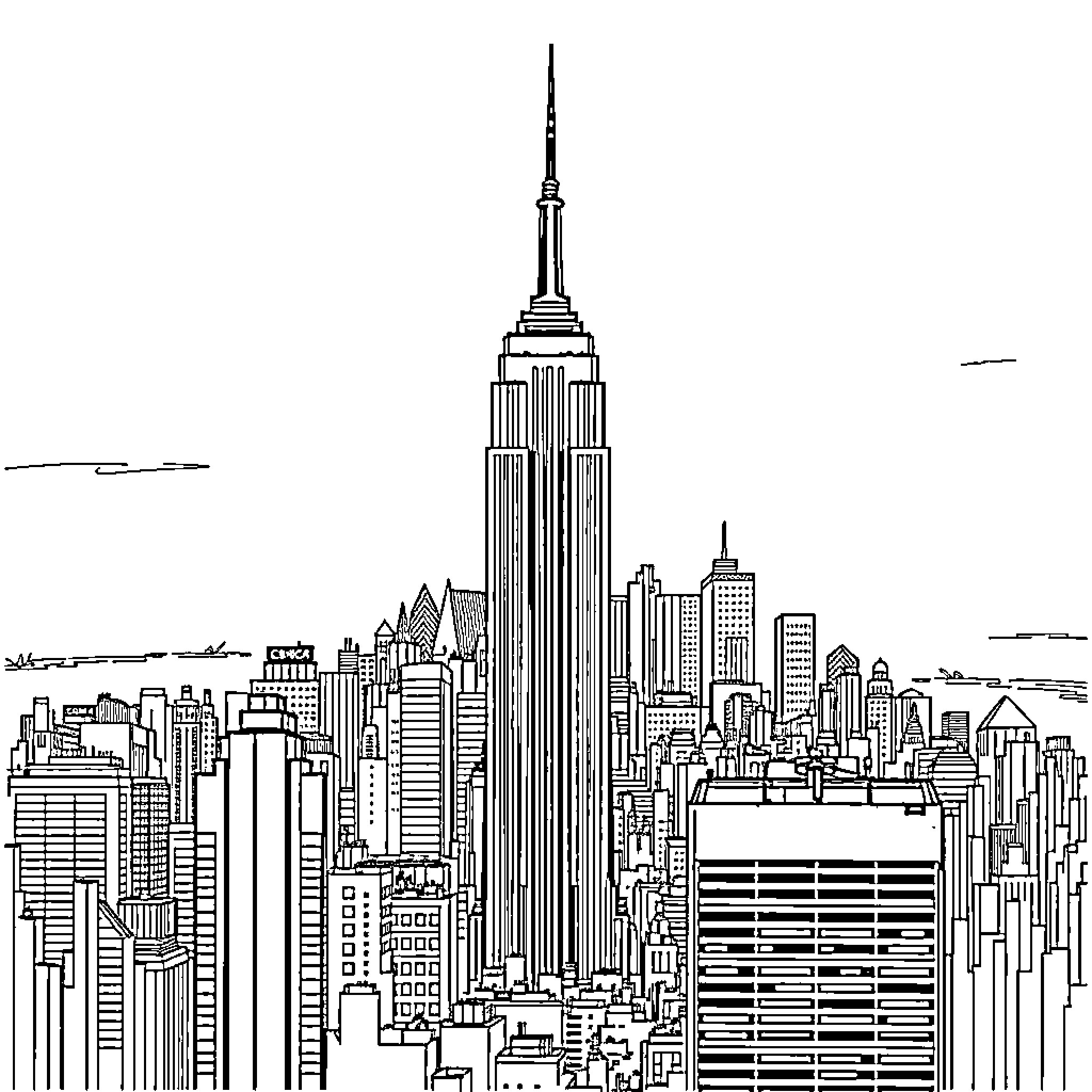 Empire State Building overlooking the bustling city skyline Coloring Page (free black-and-white line drawing printable PDF for all, from beginners to advanced learners, including children, teens, adults, and seniors)