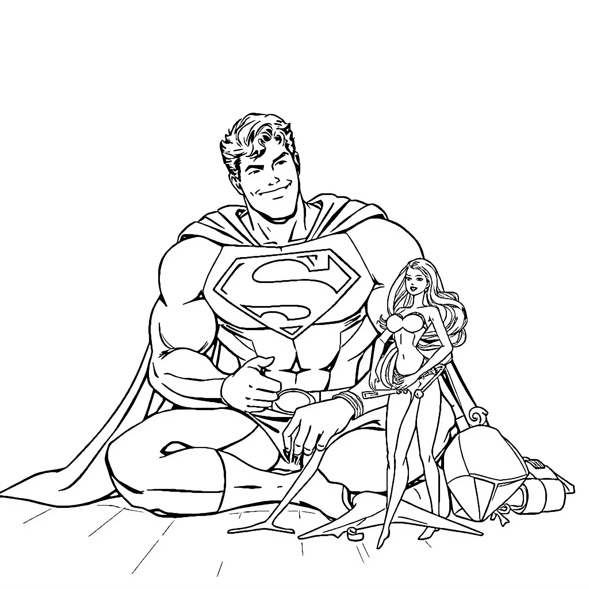 Superman with female companion in heroic pose Coloring Page (free black-and-white line drawing printable PDF for all, from beginners to advanced learners, including children, teens, adults, and seniors)