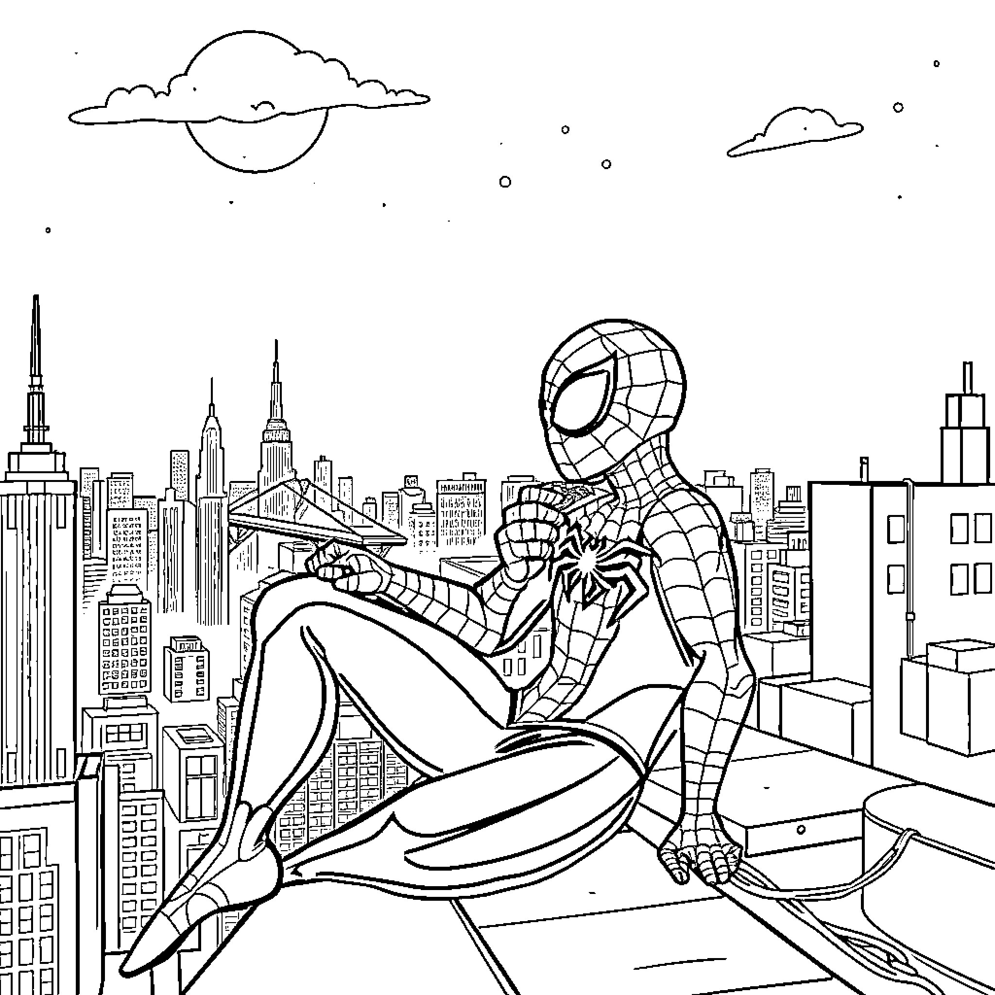 Spiderman perching on a rooftop overlooking the city skyline Coloring Page (free black-and-white line drawing printable PDF for all, from beginners to advanced learners, including children, teens, adults, and seniors)