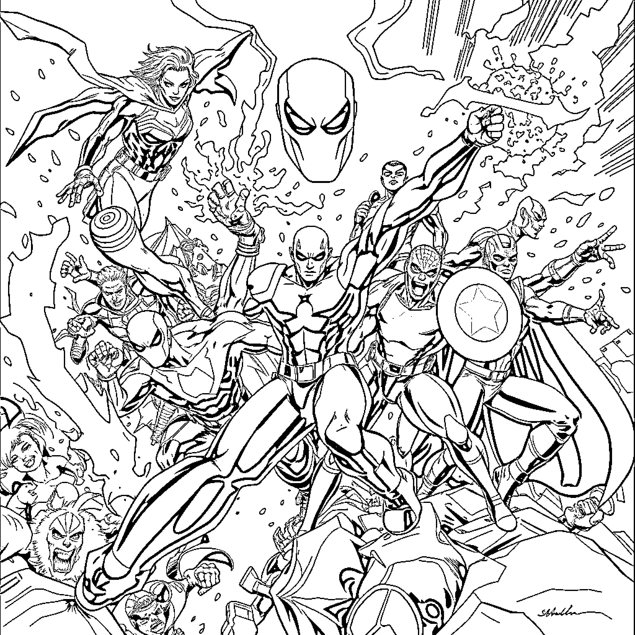 Marvel Heroes Clash in Epic Superhero Battle Coloring Page (free black-and-white line drawing printable PDF for all, from beginners to advanced learners, including children, teens, adults, and seniors)