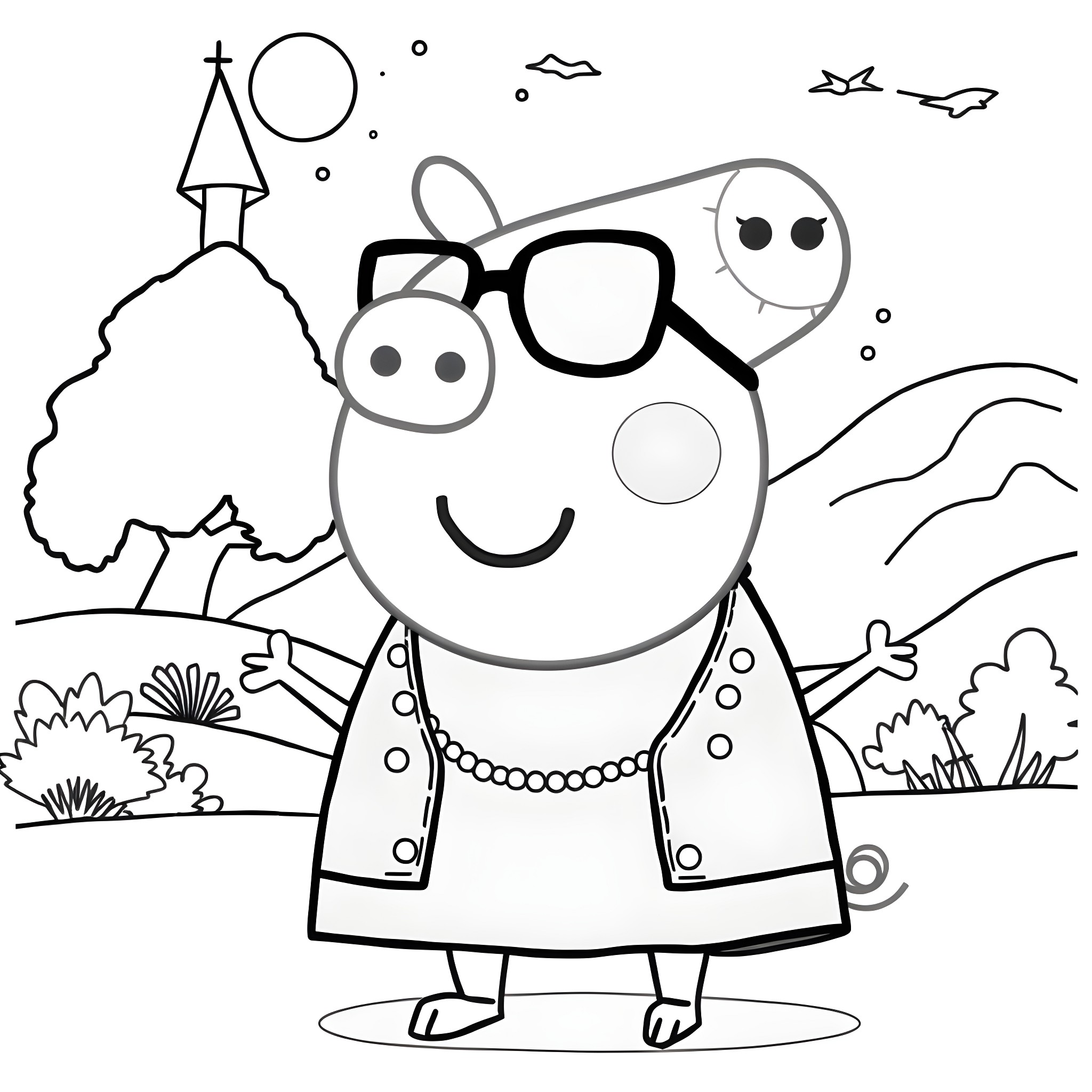 Peppa Pig enjoying a day out with friends Coloring Page (free black-and-white line drawing printable PDF for all, from beginners to advanced learners, including children, teens, adults, and seniors)