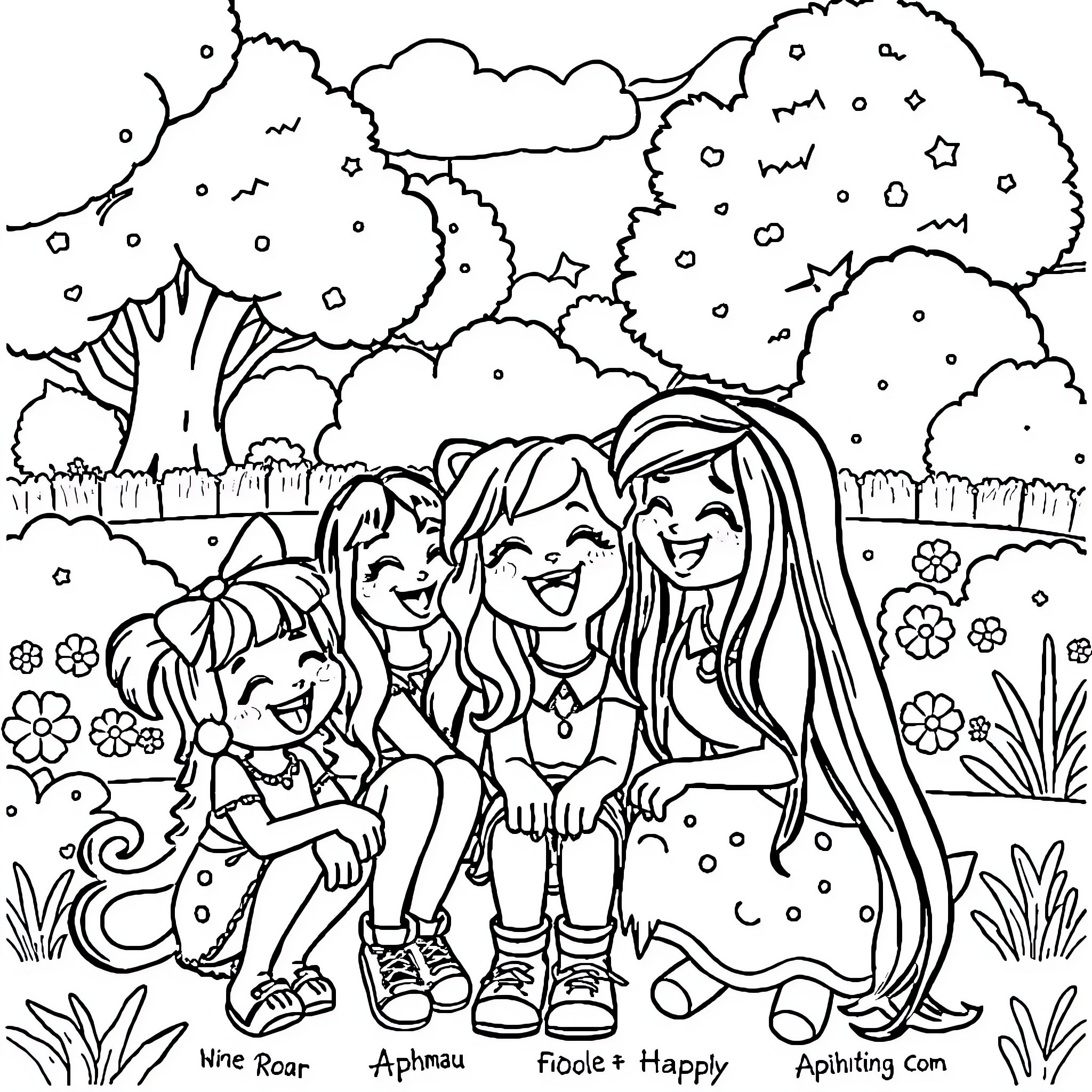 Aphmau's Friendly Gathering in the Enchanting Outdoors Coloring Page (free black-and-white line drawing printable PDF for all, from beginners to advanced learners, including children, teens, adults, and seniors)