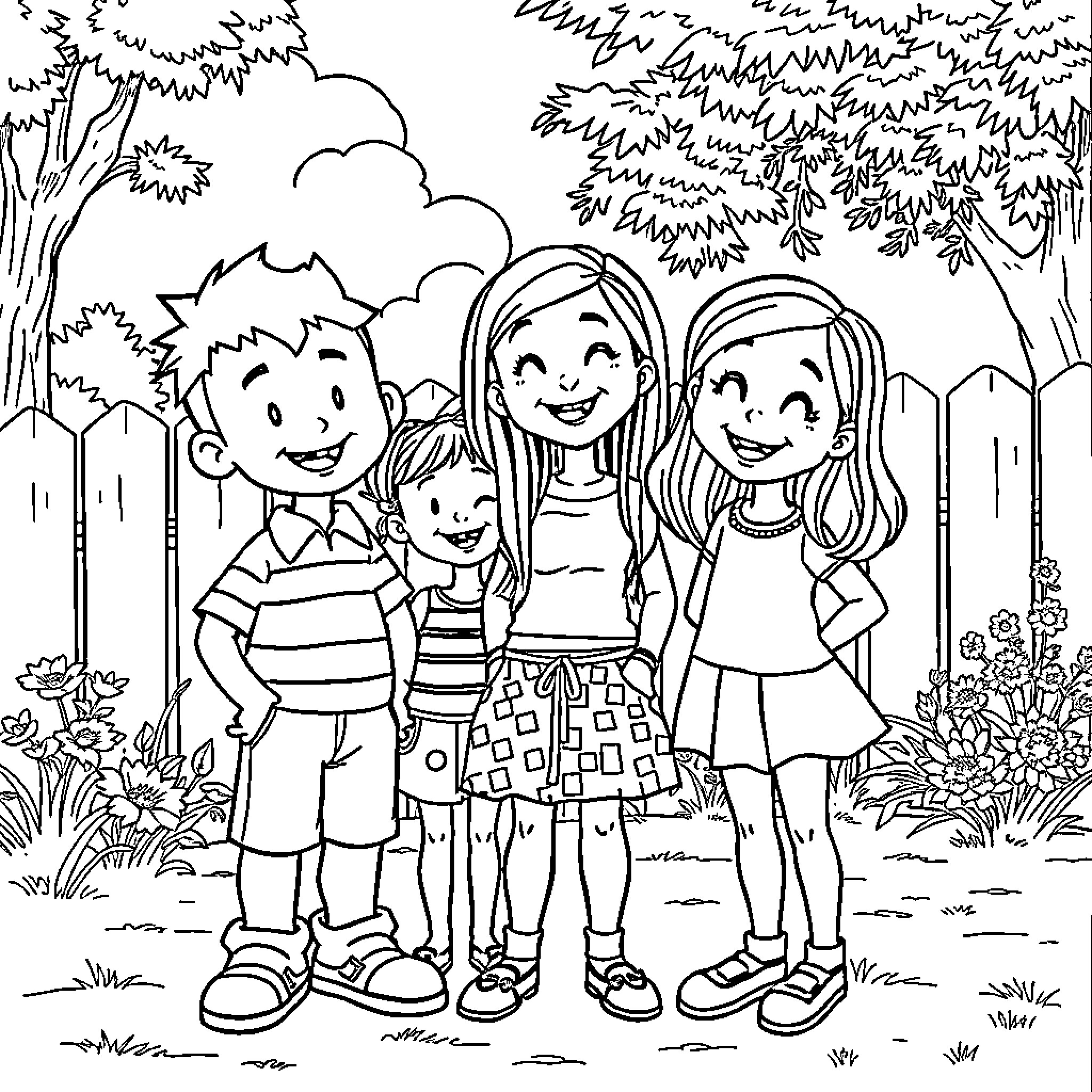 Eddy's Family Outing in the Garden Coloring Page (free black-and-white line drawing printable PDF for all, from beginners to advanced learners, including children, teens, adults, and seniors)