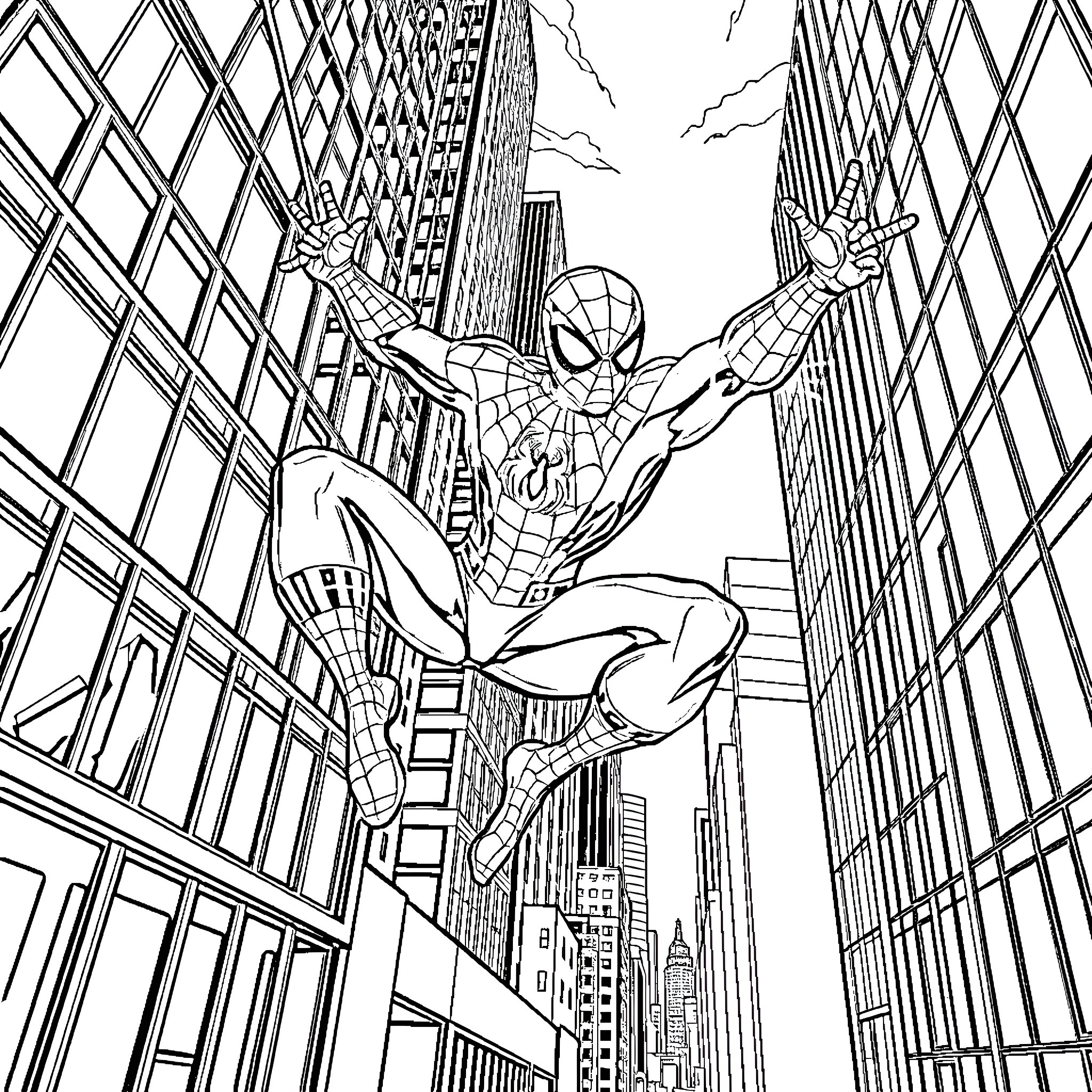 Spider-Man swinging through the city streets Coloring Page (free black-and-white line drawing printable PDF for all, from beginners to advanced learners, including children, teens, adults, and seniors)