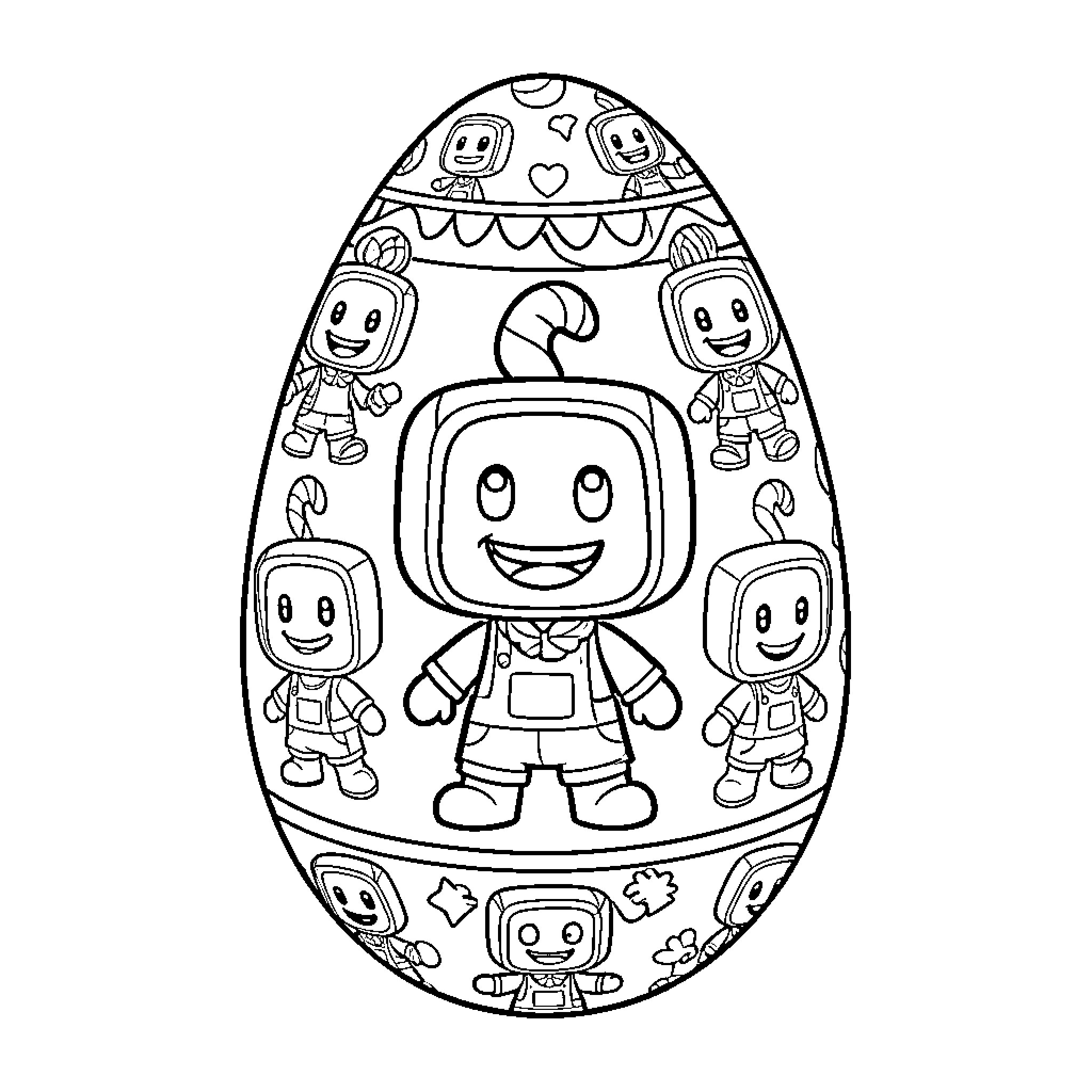 Easter Egg with Cheerful Robot Characters Coloring Page (free black-and-white line drawing printable PDF for all, from beginners to advanced learners, including children, teens, adults, and seniors)