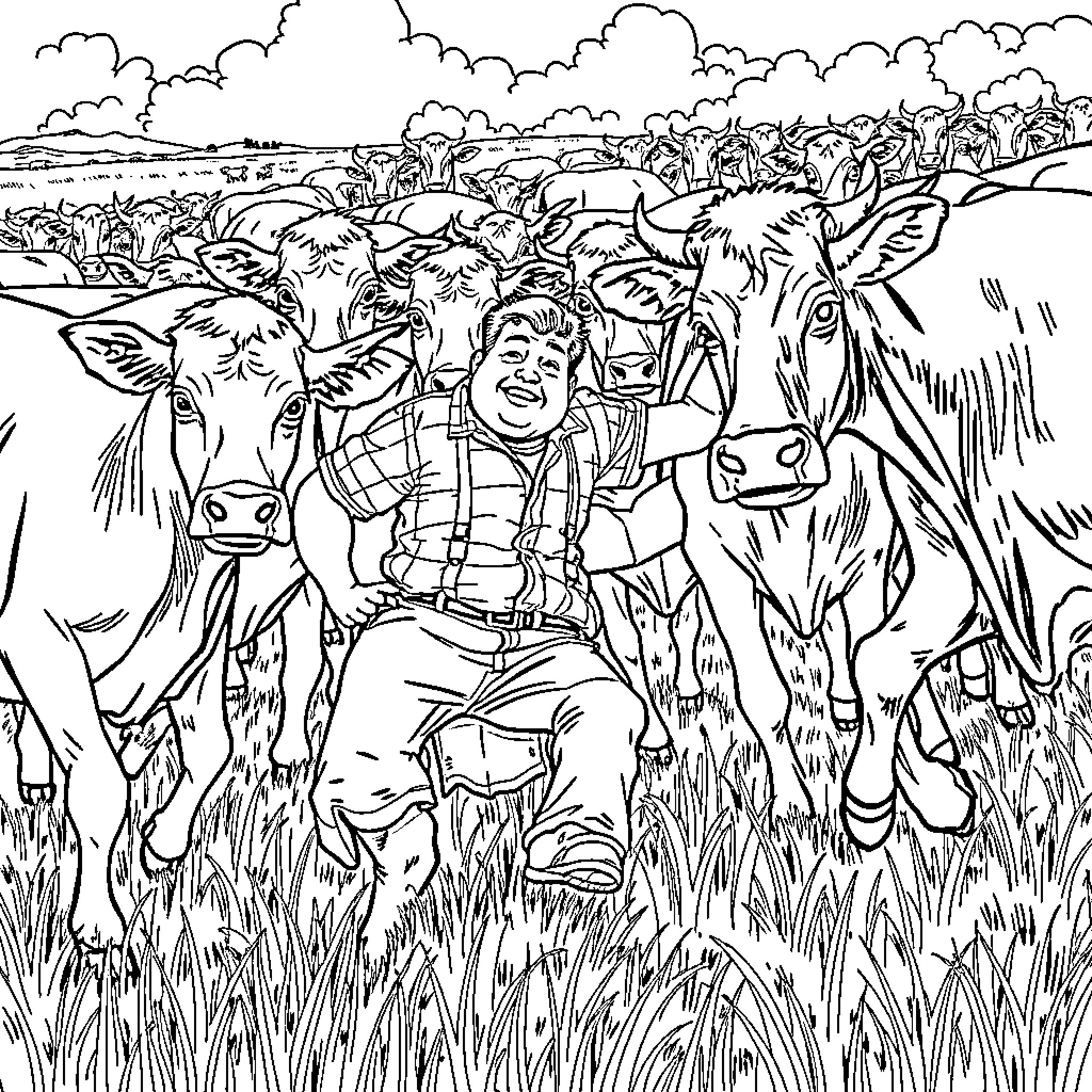 Jd Vance surrounded by a herd of cattle in a rural setting Coloring Page (free black-and-white line drawing printable PDF for all, from beginners to advanced learners, including children, teens, adults, and seniors)