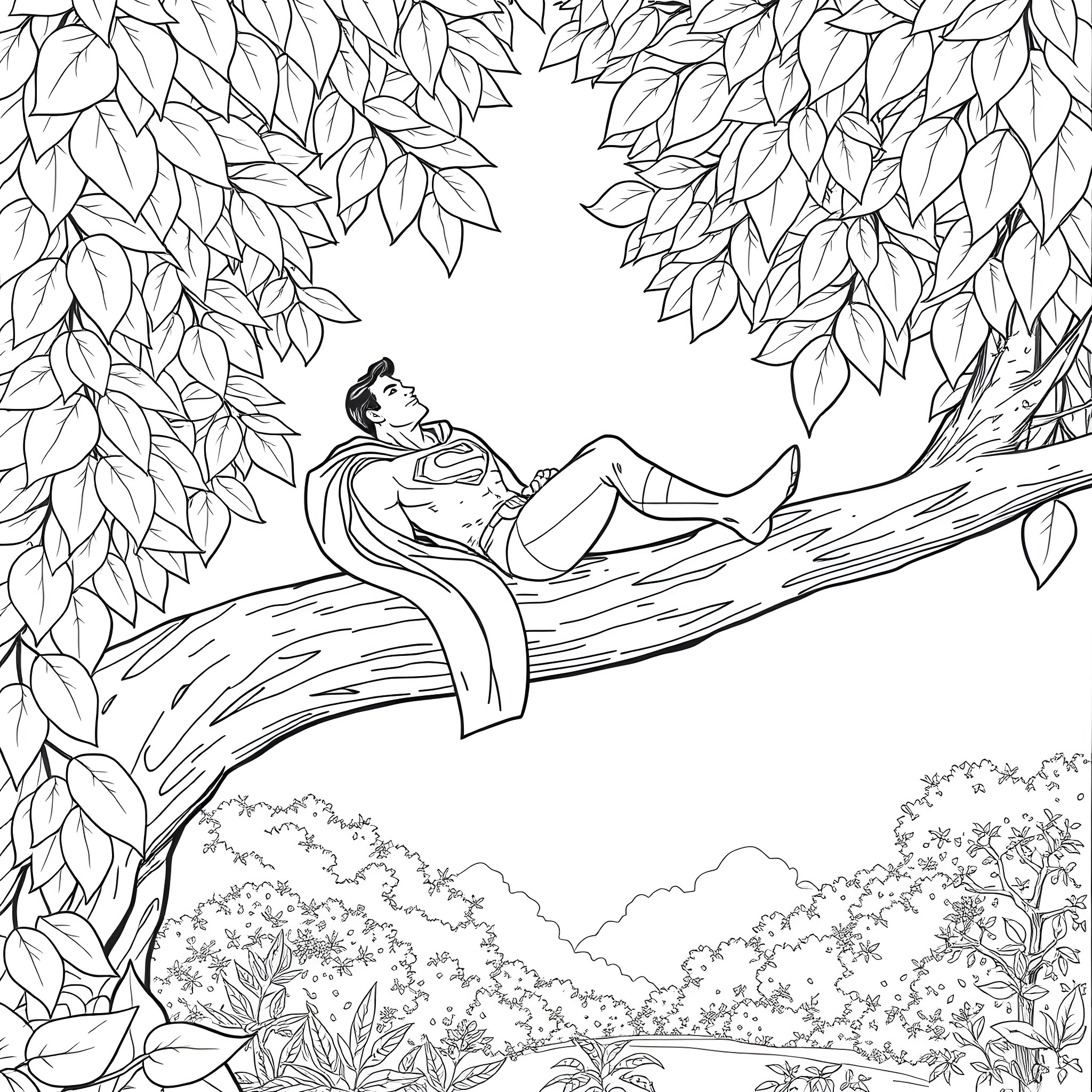 Superman relaxing in a lush forest Coloring Page (free black-and-white line drawing printable PDF for all, from beginners to advanced learners, including children, teens, adults, and seniors)