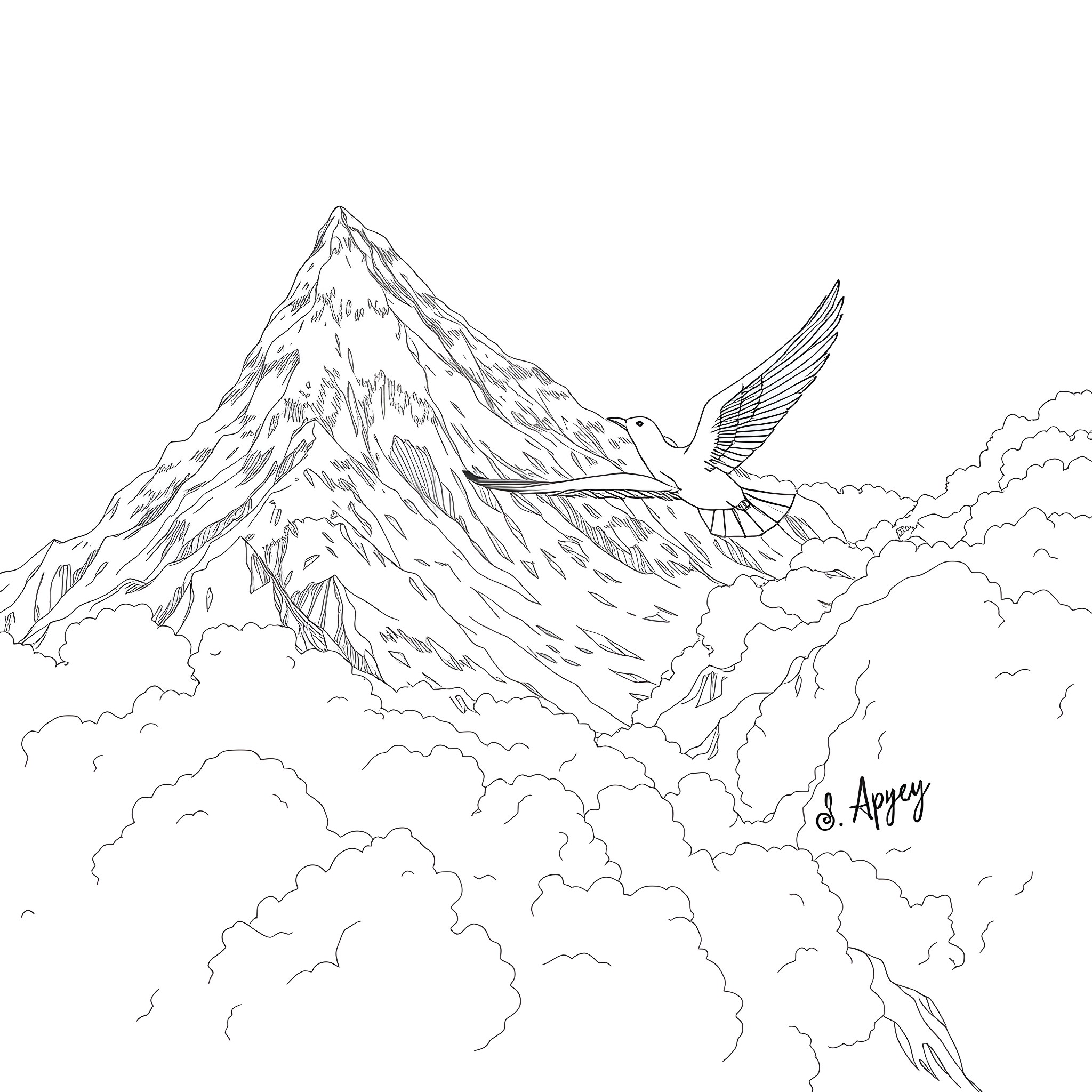 Skye's Majestic Mountain with Soaring Eagle Coloring Page (free black-and-white line drawing printable PDF for all, from beginners to advanced learners, including children, teens, adults, and seniors)