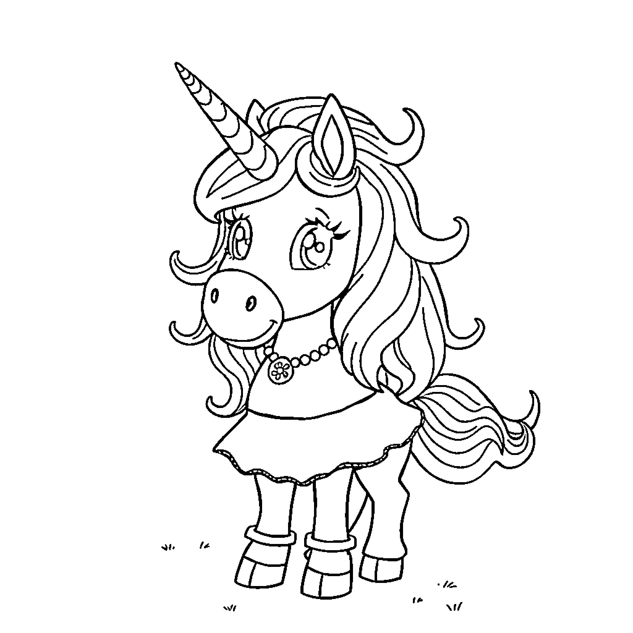 Unicorn in a Whimsical Outfit Coloring Page (free black-and-white line drawing printable PDF for all, from beginners to advanced learners, including children, teens, adults, and seniors)