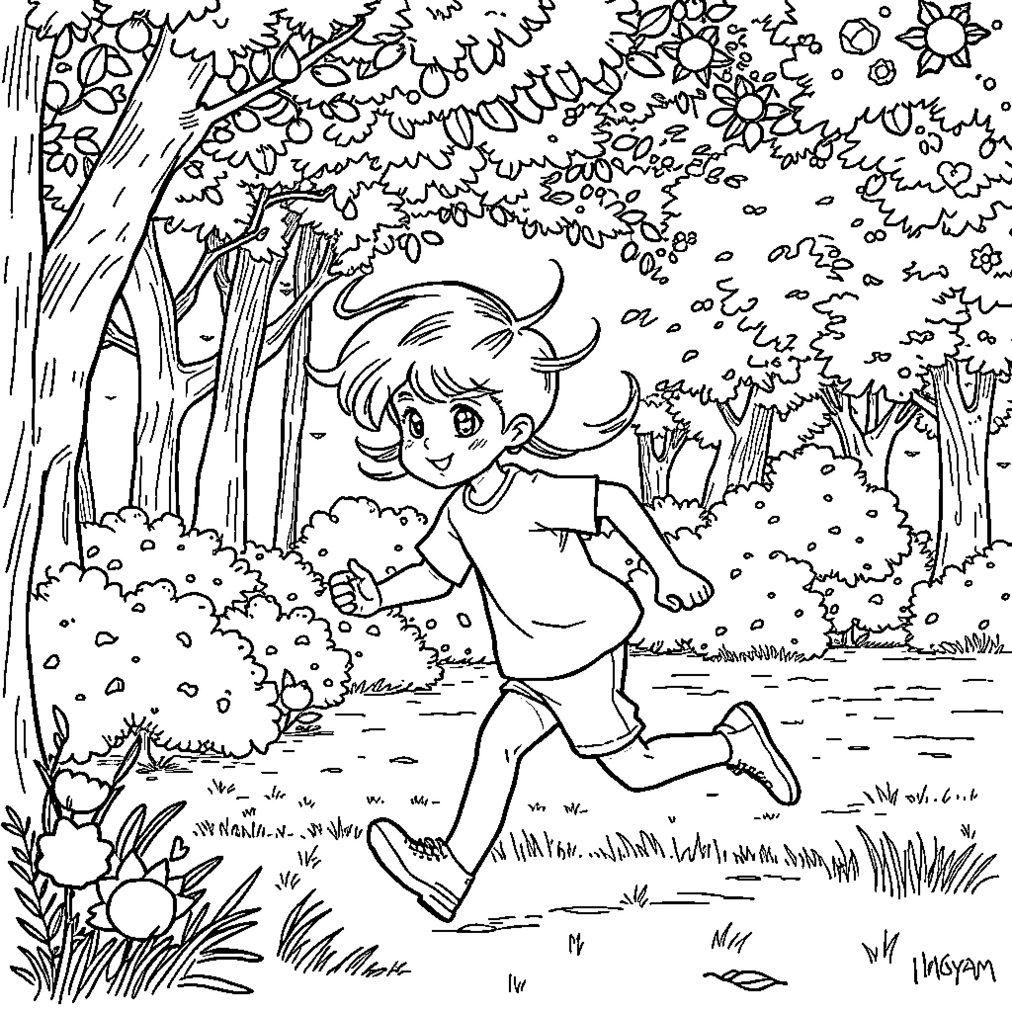 Rayan Running Playfully in the Forest Coloring Page (free black-and-white line drawing printable PDF for all, from beginners to advanced learners, including children, teens, adults, and seniors)