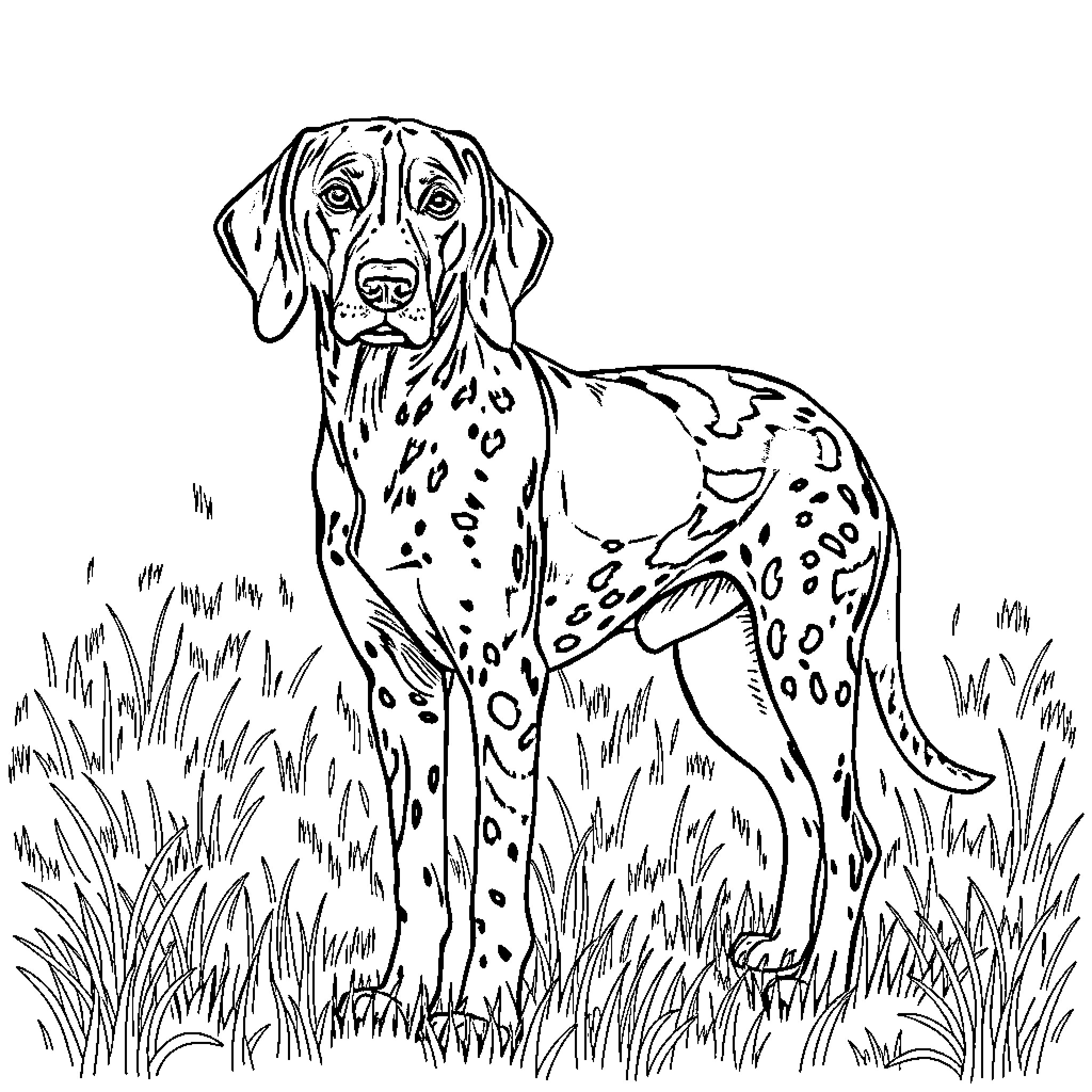 Bluetick Coonhound standing alert in the tall grass Coloring Page (free black-and-white line drawing printable PDF for all, from beginners to advanced learners, including children, teens, adults, and seniors)