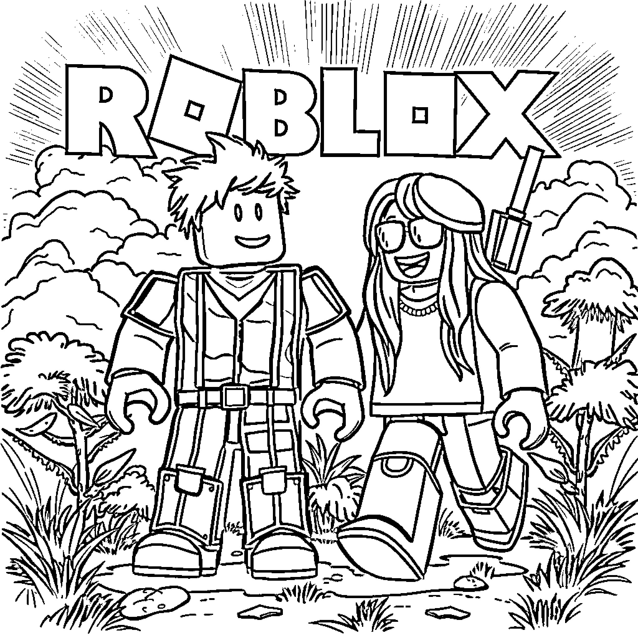 Roblox characters enjoying outdoor adventure Coloring Page (free black-and-white line drawing printable PDF for all, from beginners to advanced learners, including children, teens, adults, and seniors)