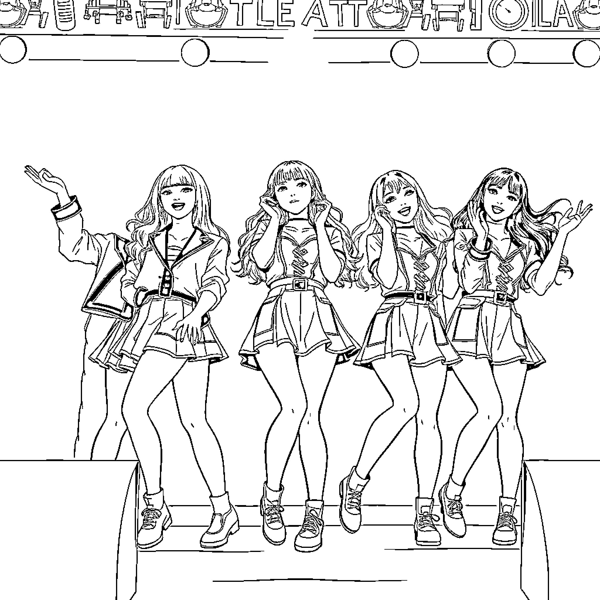 Girl Group Performing on Stage with Fun Outfits Coloring Page (free black-and-white line drawing printable PDF for all, from beginners to advanced learners, including children, teens, adults, and seniors)