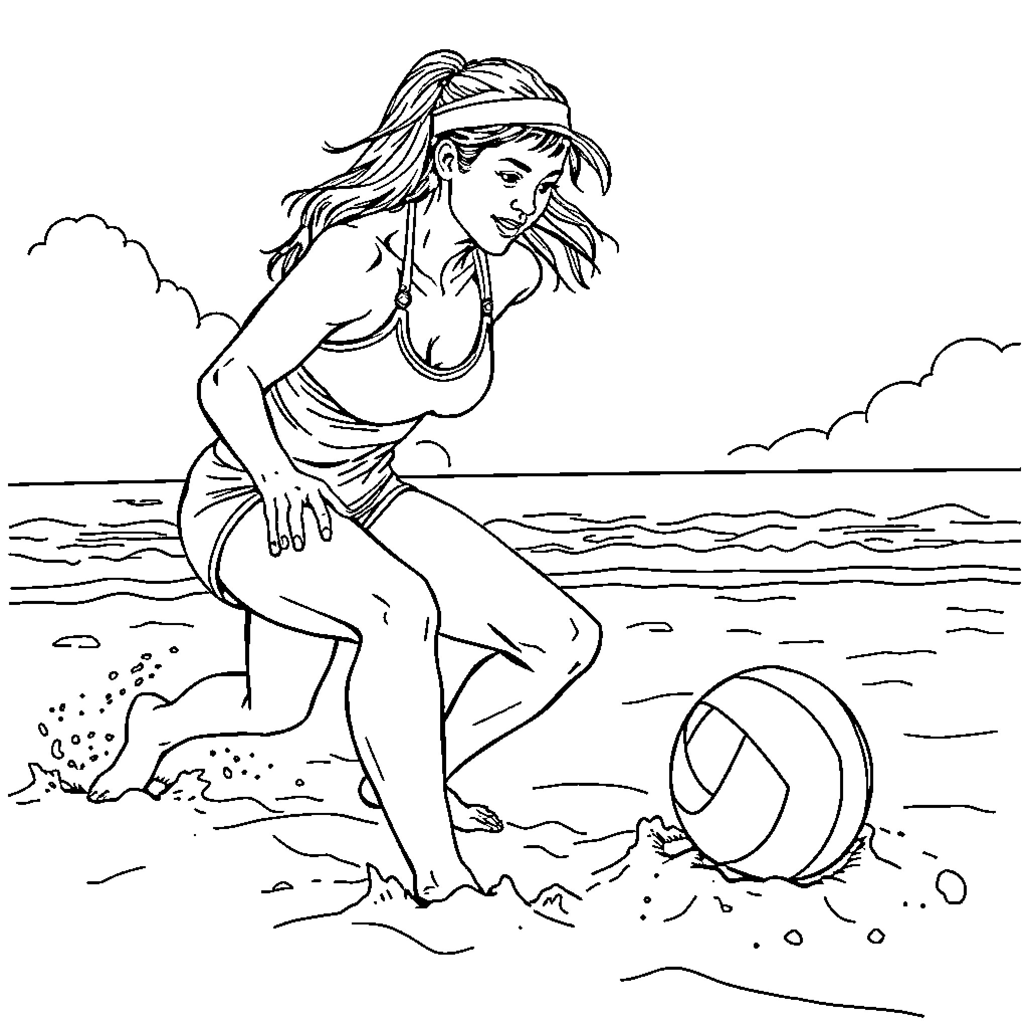 Beach Volleyball Player Diving for the Ball Coloring Page (free black-and-white line drawing printable PDF for all, from beginners to advanced learners, including children, teens, adults, and seniors)
