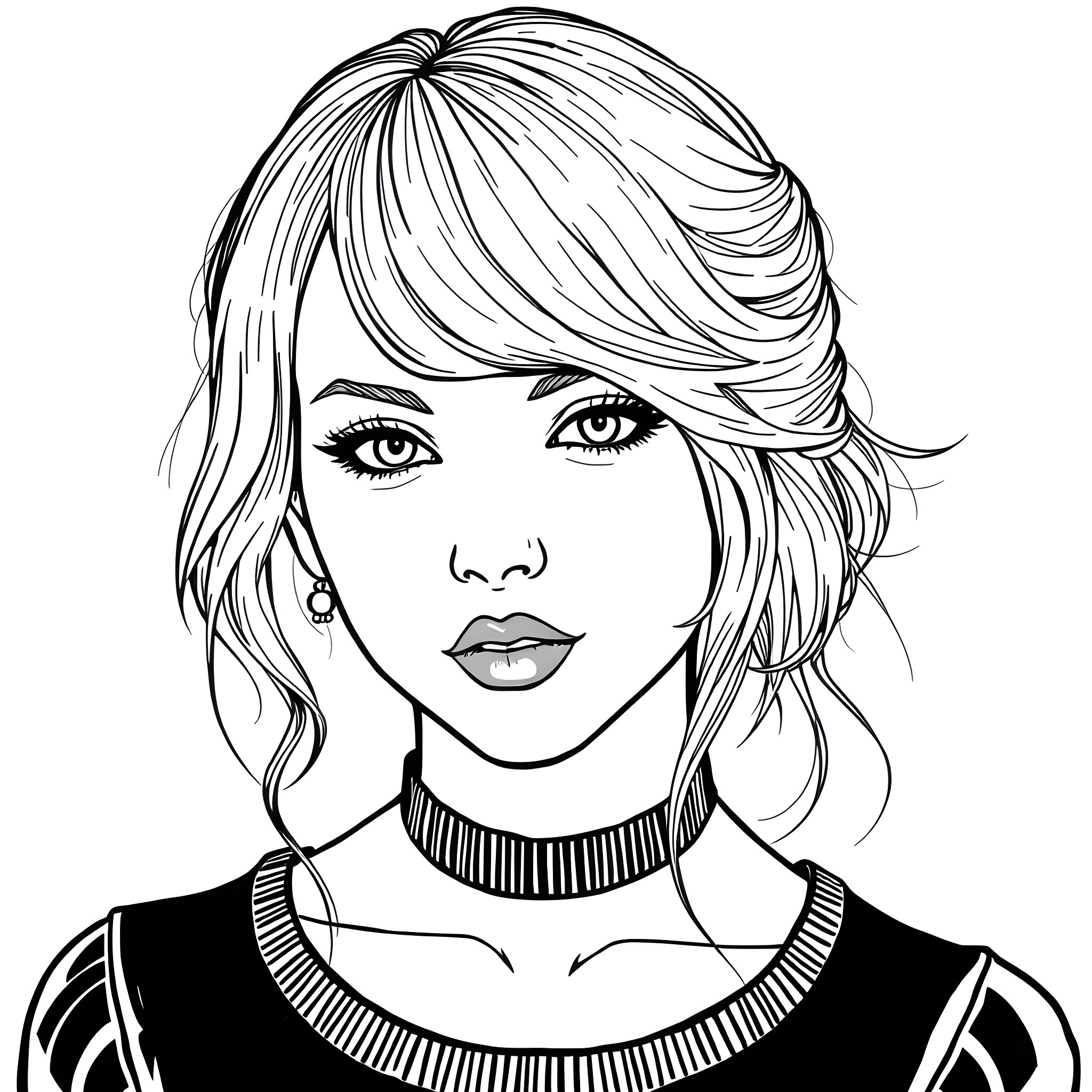 Taylor Swift's Dramatic Black and White Portrait Coloring Page (free black-and-white line drawing printable PDF for all, from beginners to advanced learners, including children, teens, adults, and seniors)