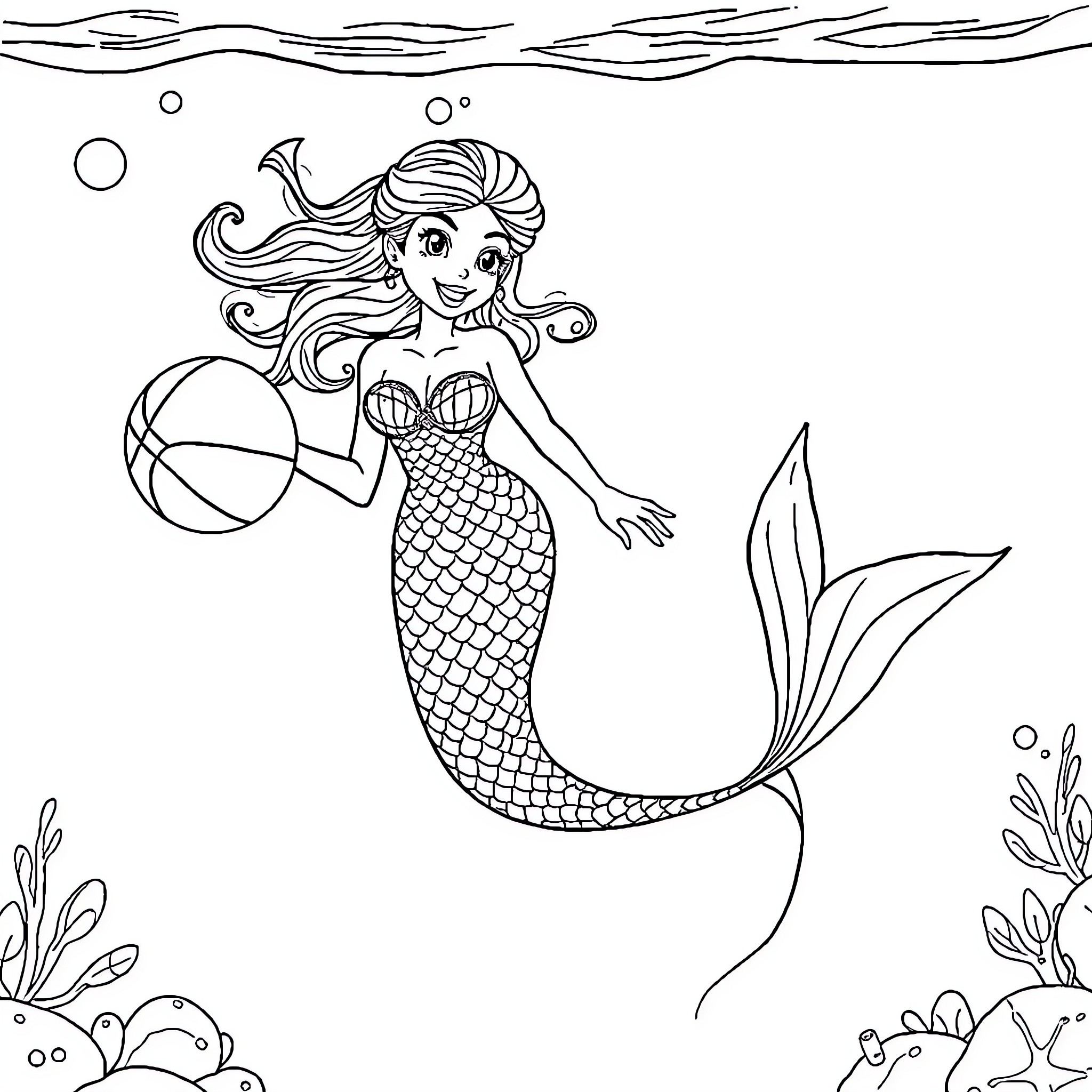 Mermaid playing with beach ball in the ocean Coloring Page (free black-and-white line drawing printable PDF for all, from beginners to advanced learners, including children, teens, adults, and seniors)
