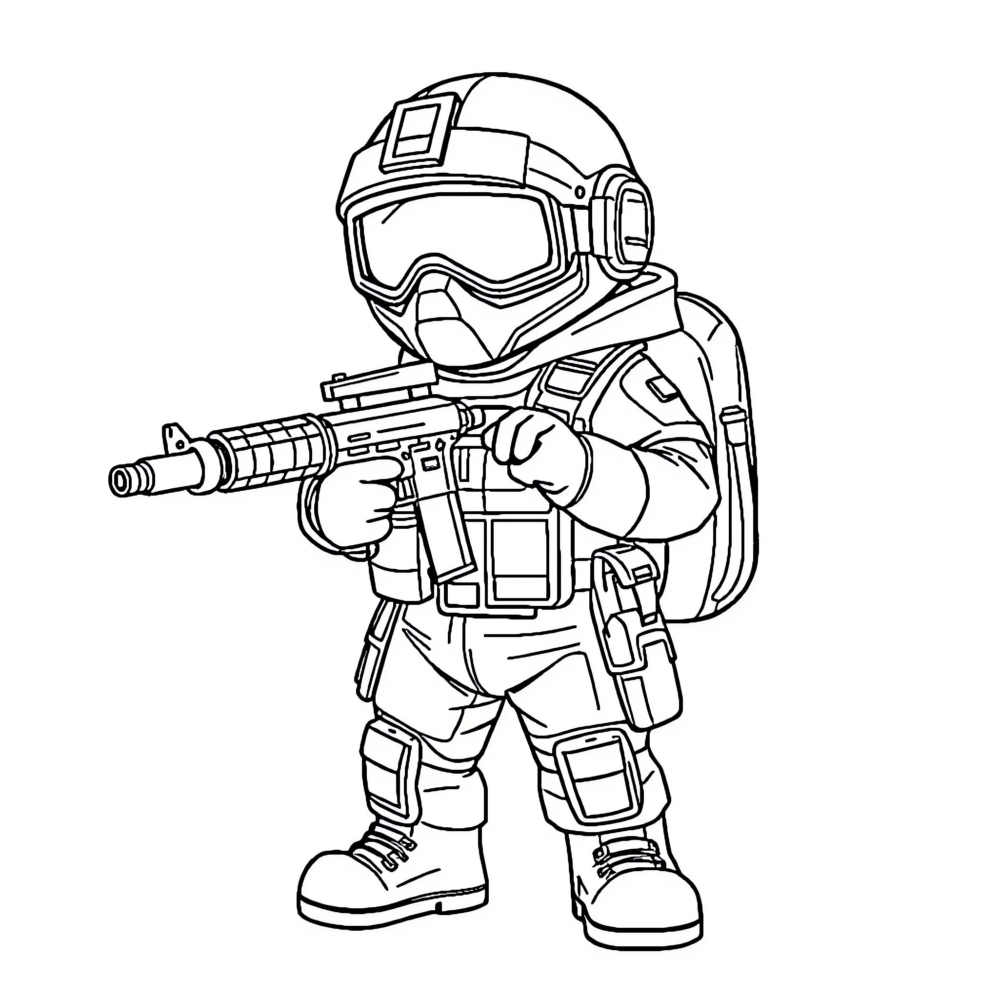 Soldier in combat gear with assault rifle Coloring Page (free black-and-white line drawing printable PDF for all, from beginners to advanced learners, including children, teens, adults, and seniors)