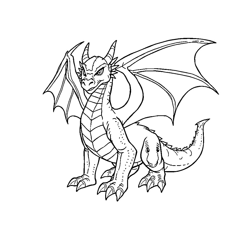 Dragon ready to take flight in majestic pose Coloring Page (free black-and-white line drawing printable PDF for all, from beginners to advanced learners, including children, teens, adults, and seniors)