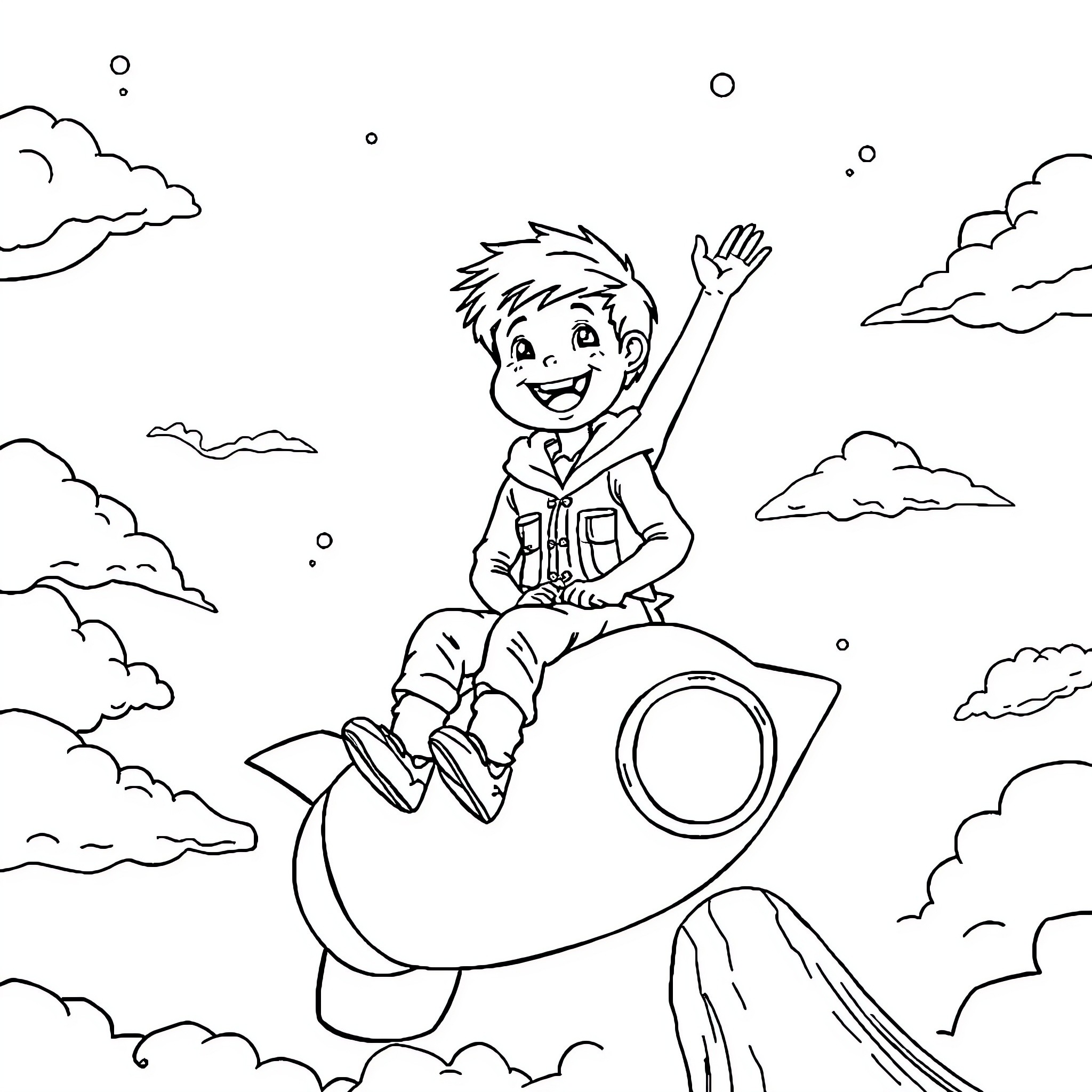 Boy riding a rocket through the sky Coloring Page (free black-and-white line drawing printable PDF for all, from beginners to advanced learners, including children, teens, adults, and seniors)