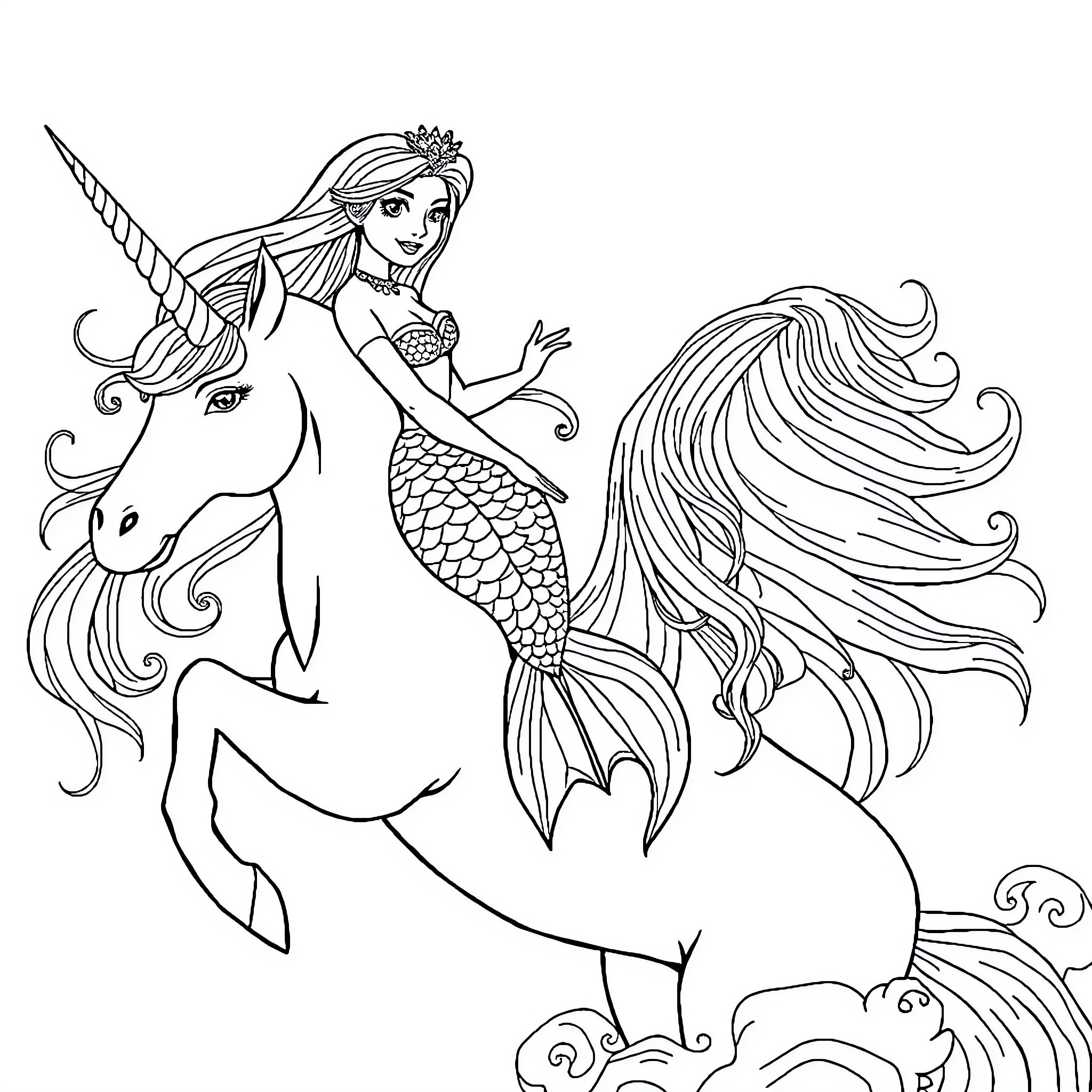 Mermaid riding a majestic unicorn Coloring Page (free black-and-white line drawing printable PDF for all, from beginners to advanced learners, including children, teens, adults, and seniors)