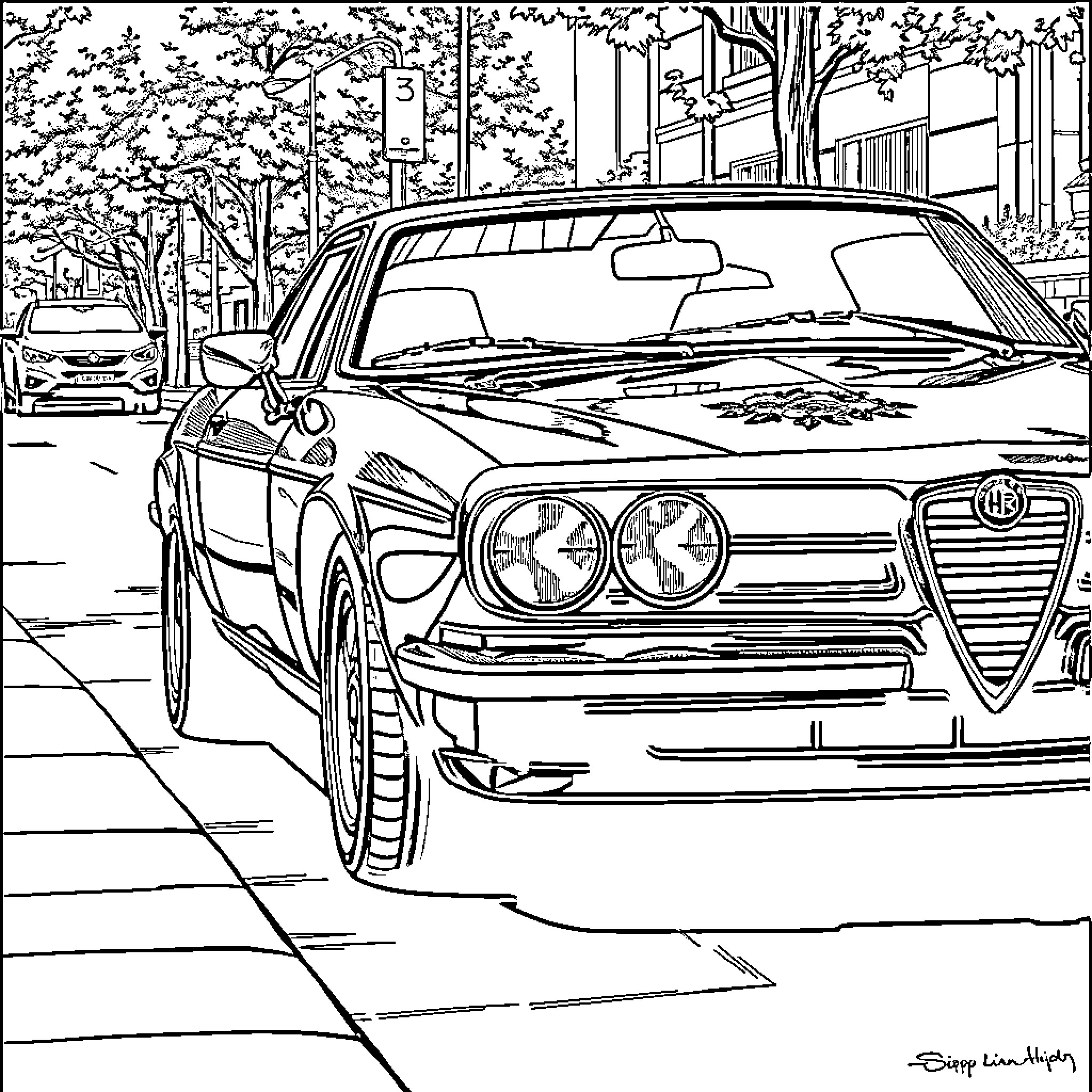 Alfa Romeo classic car in urban setting Coloring Page (free black-and-white line drawing printable PDF for all, from beginners to advanced learners, including children, teens, adults, and seniors)
