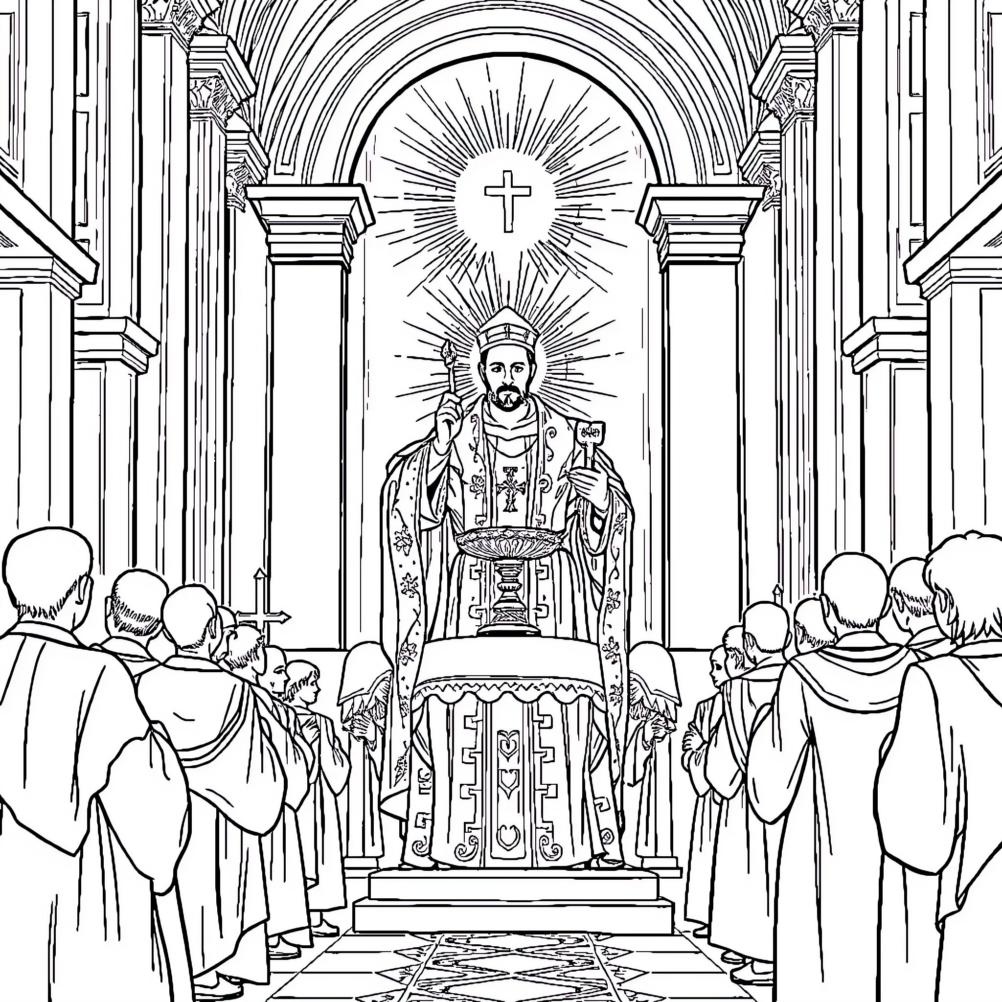 Pope presiding over a solemn religious ceremony Coloring Page (free black-and-white line drawing printable PDF for all, from beginners to advanced learners, including children, teens, adults, and seniors)