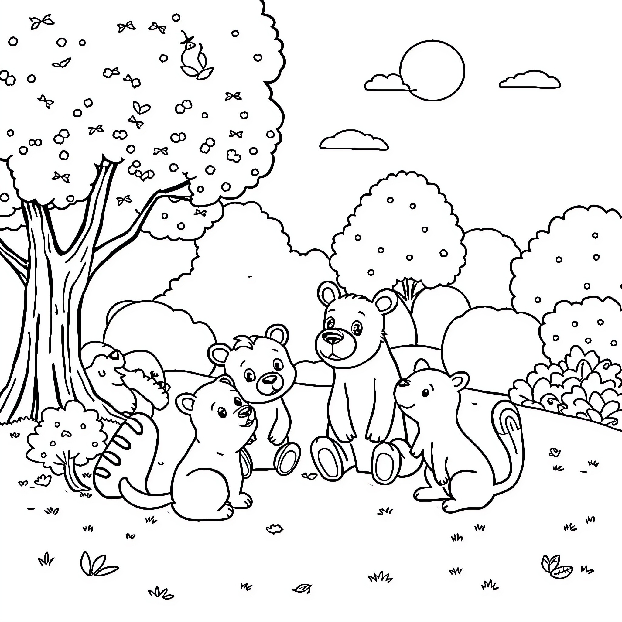 Animal friends enjoying nature in the park Coloring Page (free black-and-white line drawing printable PDF for all, from beginners to advanced learners, including children, teens, adults, and seniors)