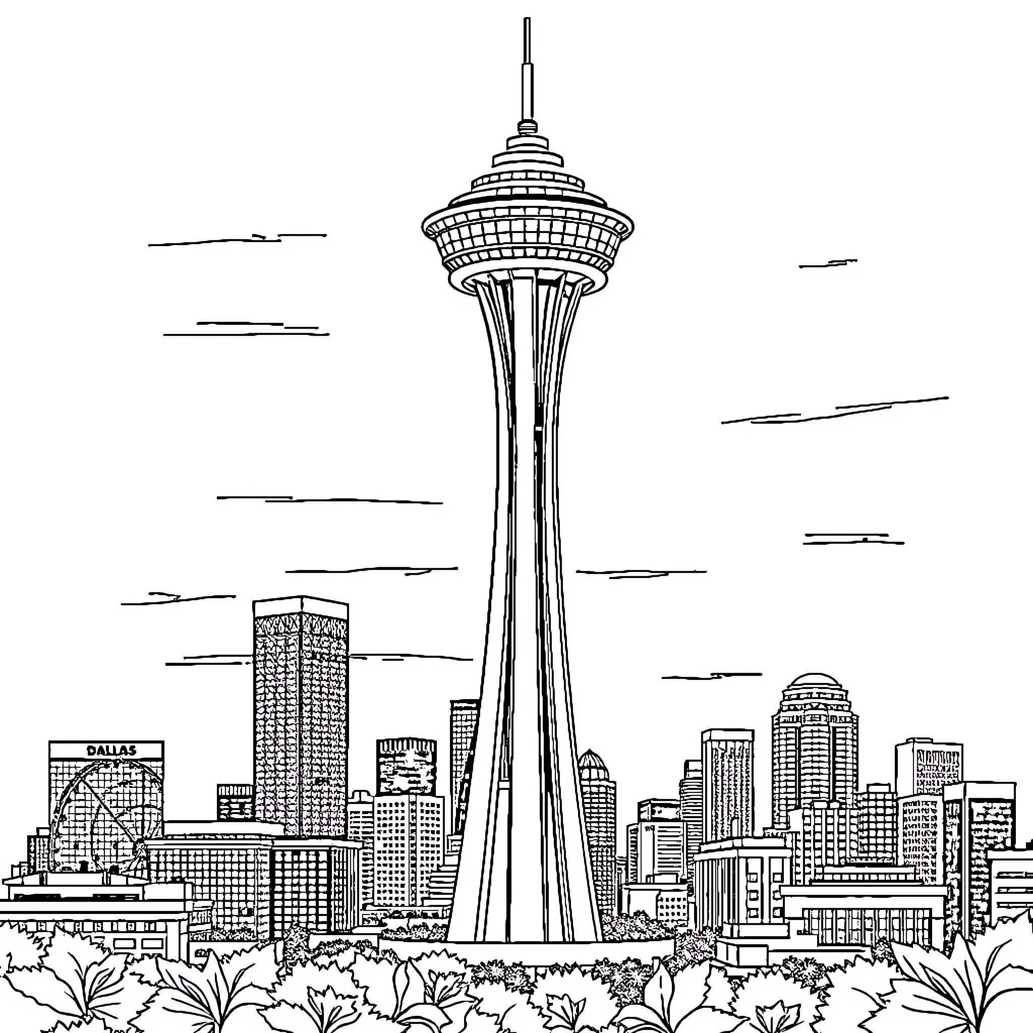 Reunion Tower overlooking the cityscape Coloring Page (free black-and-white line drawing printable PDF for all, from beginners to advanced learners, including children, teens, adults, and seniors)