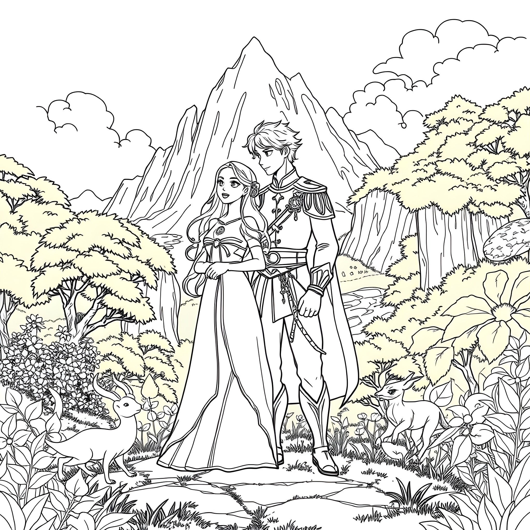 Raya and the prince exploring the enchanted forest Coloring Page (free black-and-white line drawing printable PDF for all, from beginners to advanced learners, including children, teens, adults, and seniors)
