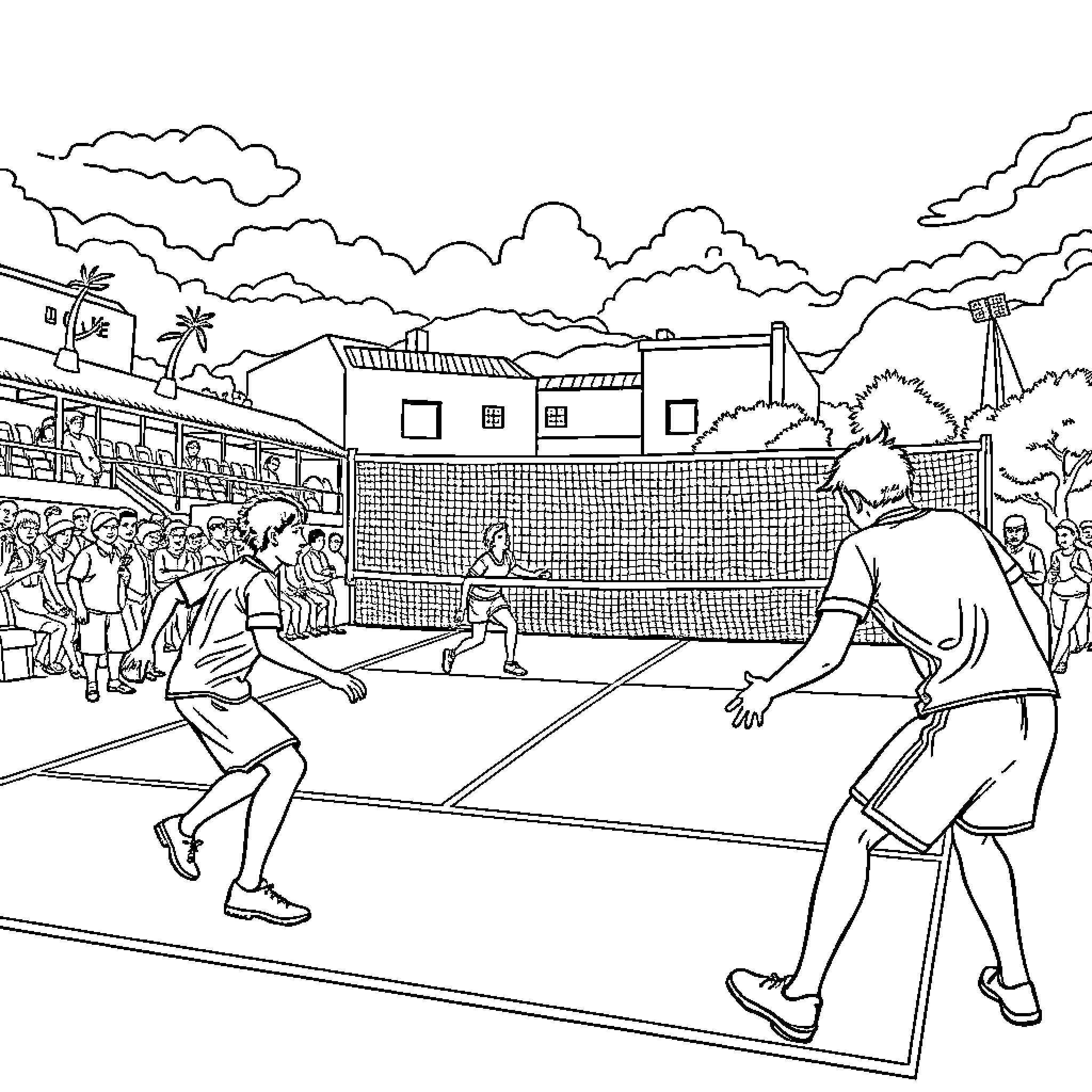 Pelota Vasca: Competitive players in traditional uniform on court Coloring Page (free black-and-white line drawing printable PDF for all, from beginners to advanced learners, including children, teens, adults, and seniors)