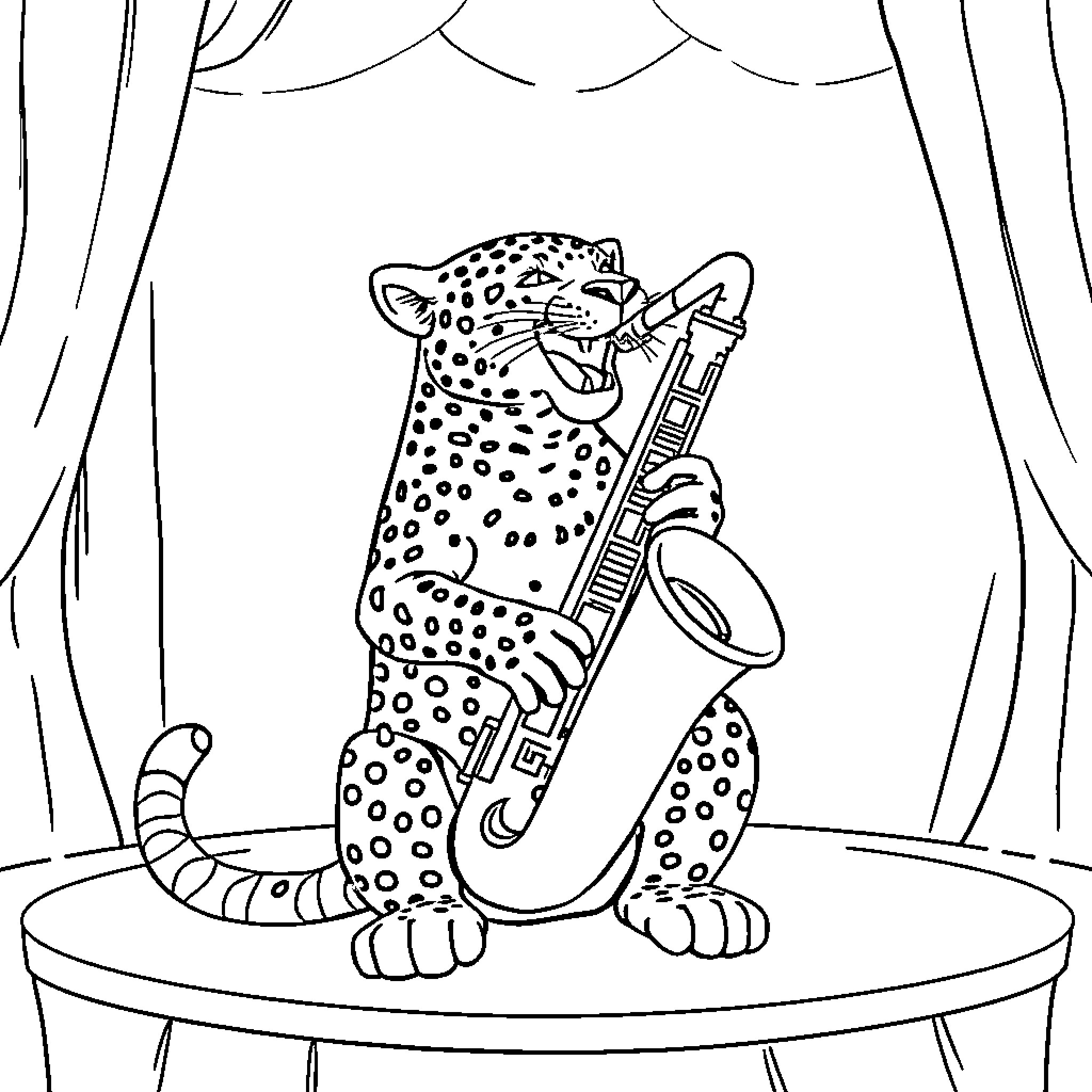 Jaguar playing saxophone on stage Coloring Page (free black-and-white line drawing printable PDF for all, from beginners to advanced learners, including children, teens, adults, and seniors)