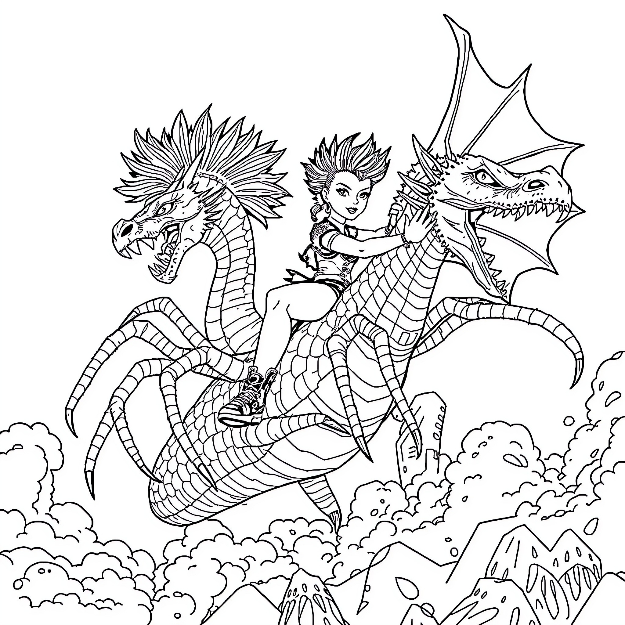Punk Lady Riding a Fierce Dragon in the Sky Coloring Page (free black-and-white line drawing printable PDF for all, from beginners to advanced learners, including children, teens, adults, and seniors)