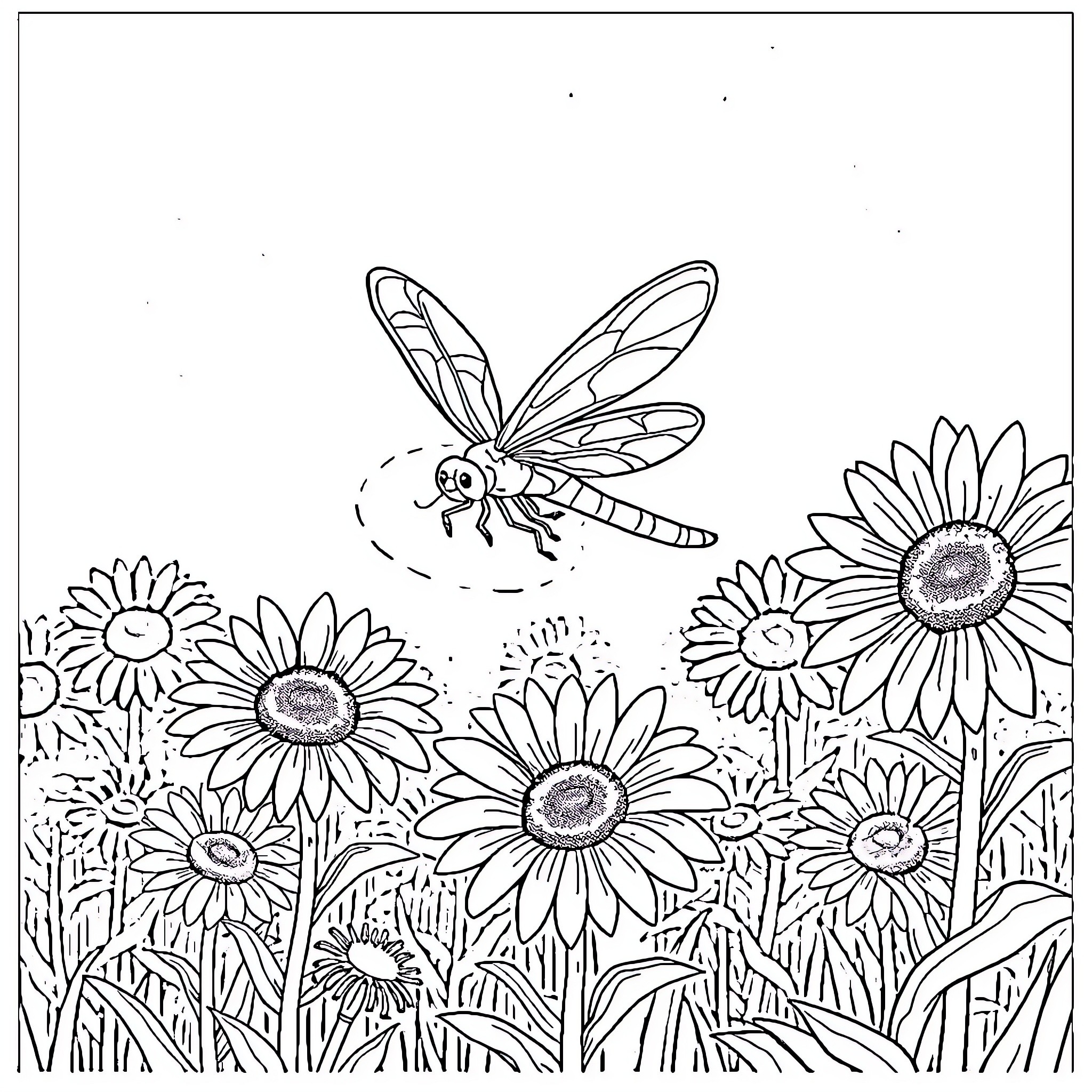Dragonfly exploring a sunflower field Coloring Page (free black-and-white line drawing printable PDF for all, from beginners to advanced learners, including children, teens, adults, and seniors)