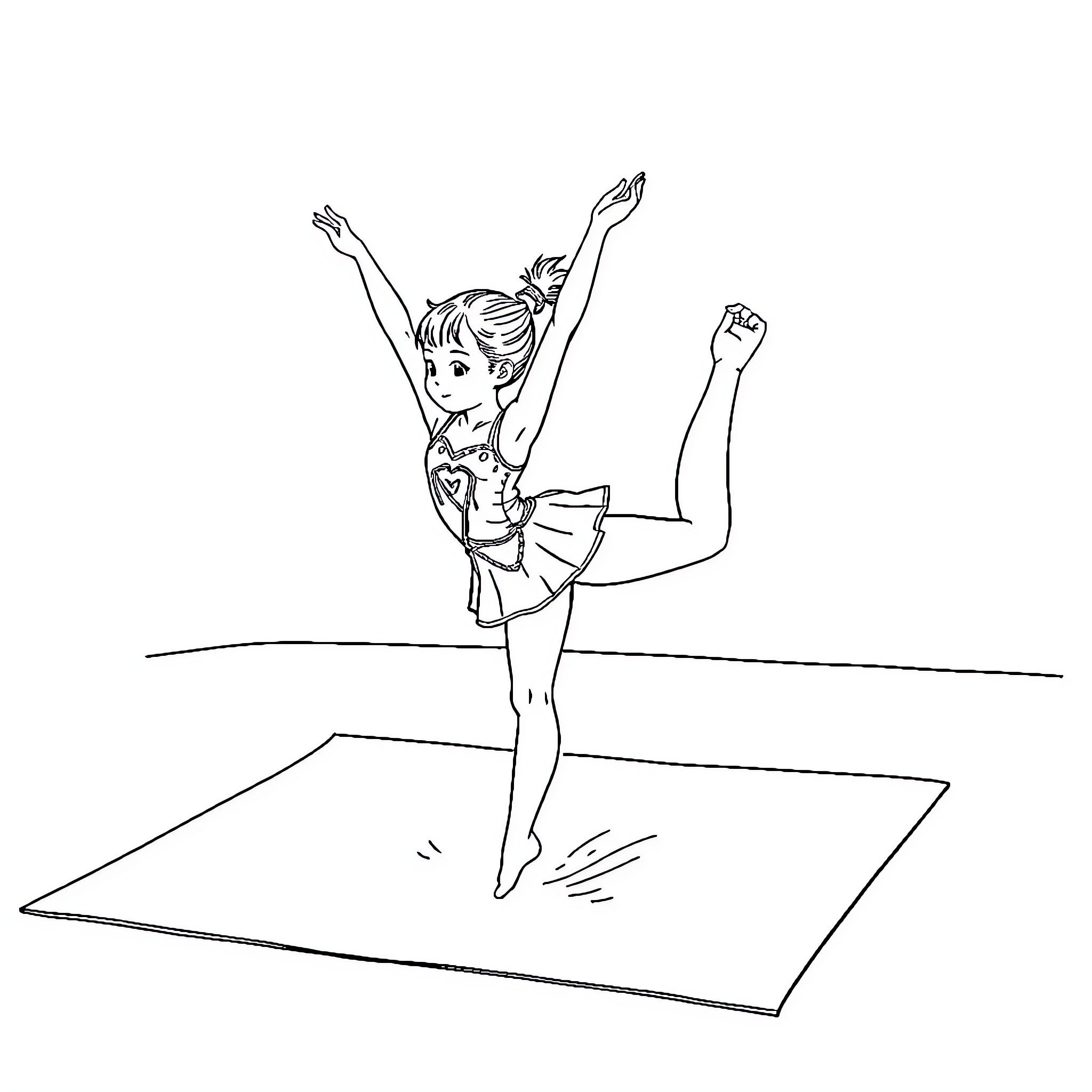 Girl Performing Energetic Dance Routine Coloring Page (free black-and-white line drawing printable PDF for all, from beginners to advanced learners, including children, teens, adults, and seniors)